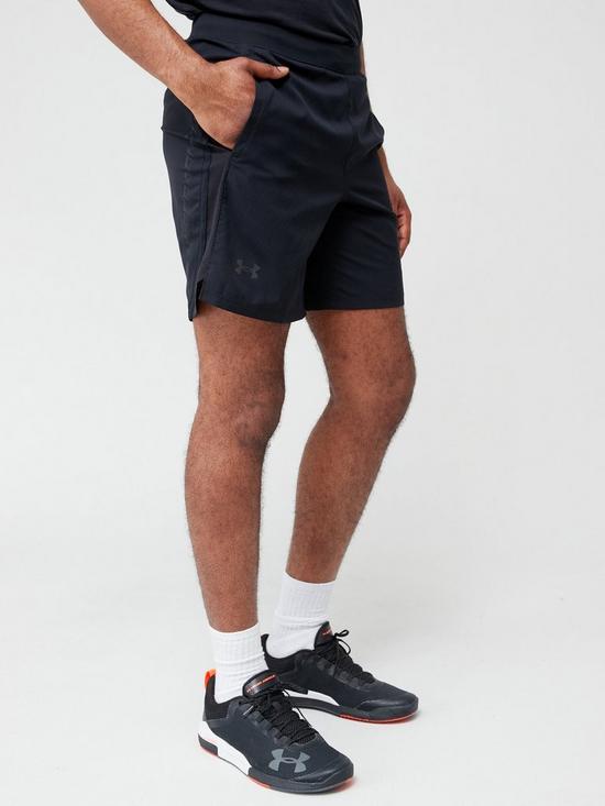 front image of under-armour-running-launch-7inch-graphic-shorts-black
