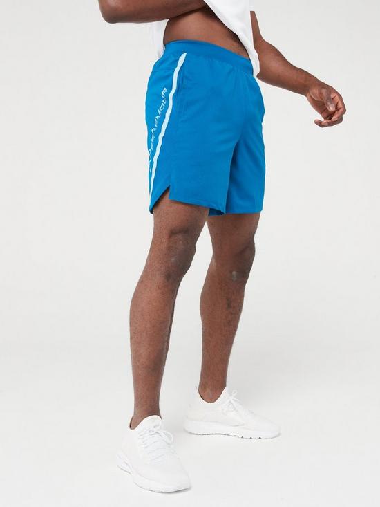 front image of under-armour-mens-running-launch-7-graphic-shorts-bluereflective