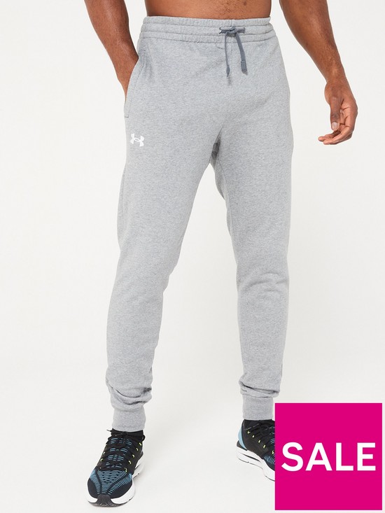 front image of under-armour-mens-training-rival-fleece-joggers-grey