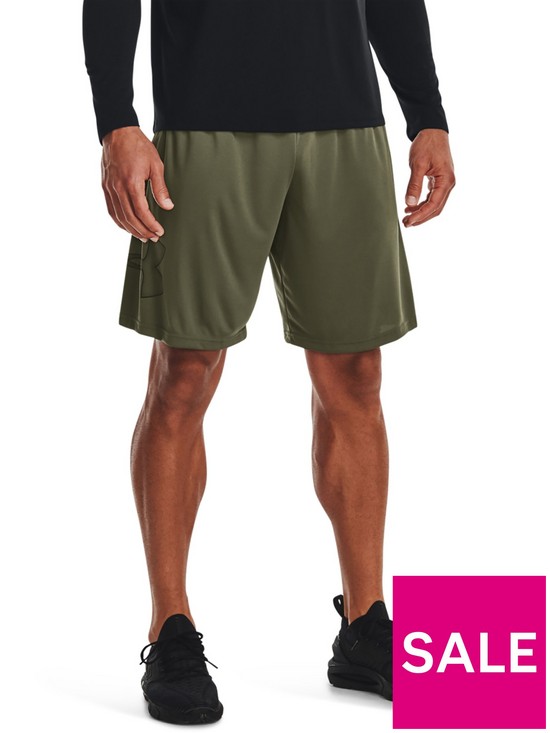 front image of under-armour-mens-training-tech-graphic-shorts-khaki