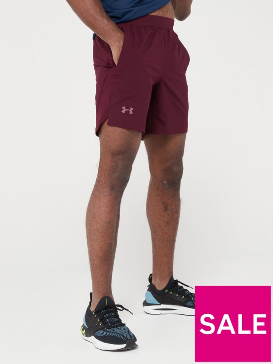 front image of under-armour-mens-running-launch-7-shorts-burgundy