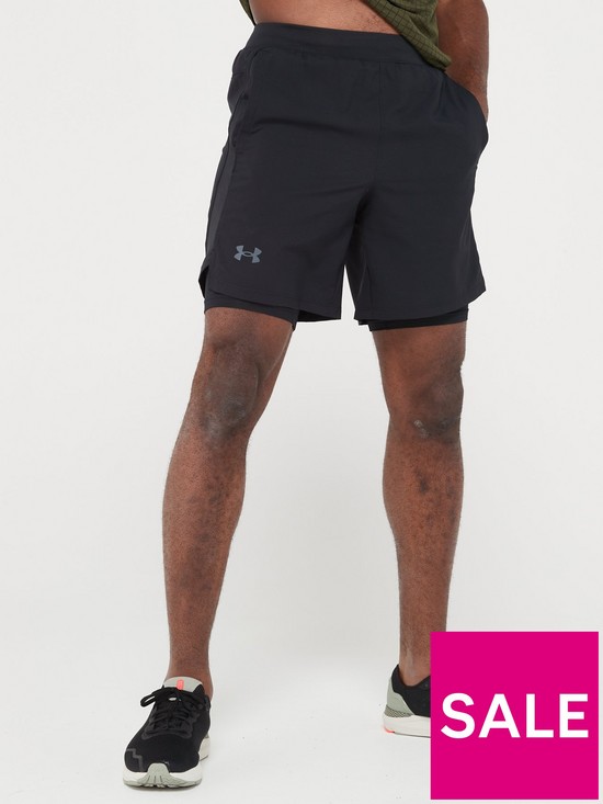 front image of under-armour-running-launch-7inch-2-in-1-shorts-black