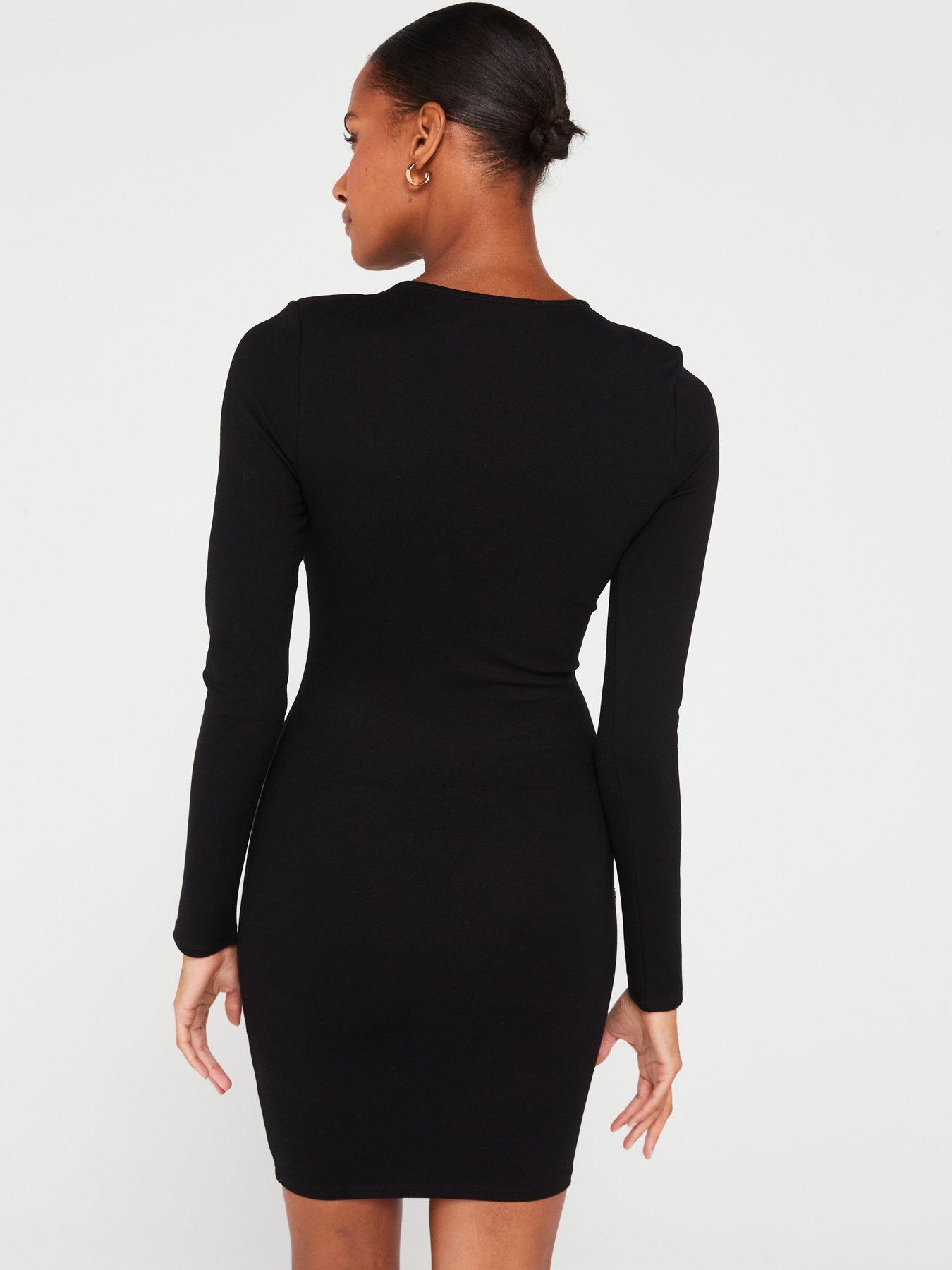 Black asymmetric sleeve embroidered bodycon dress hotsell