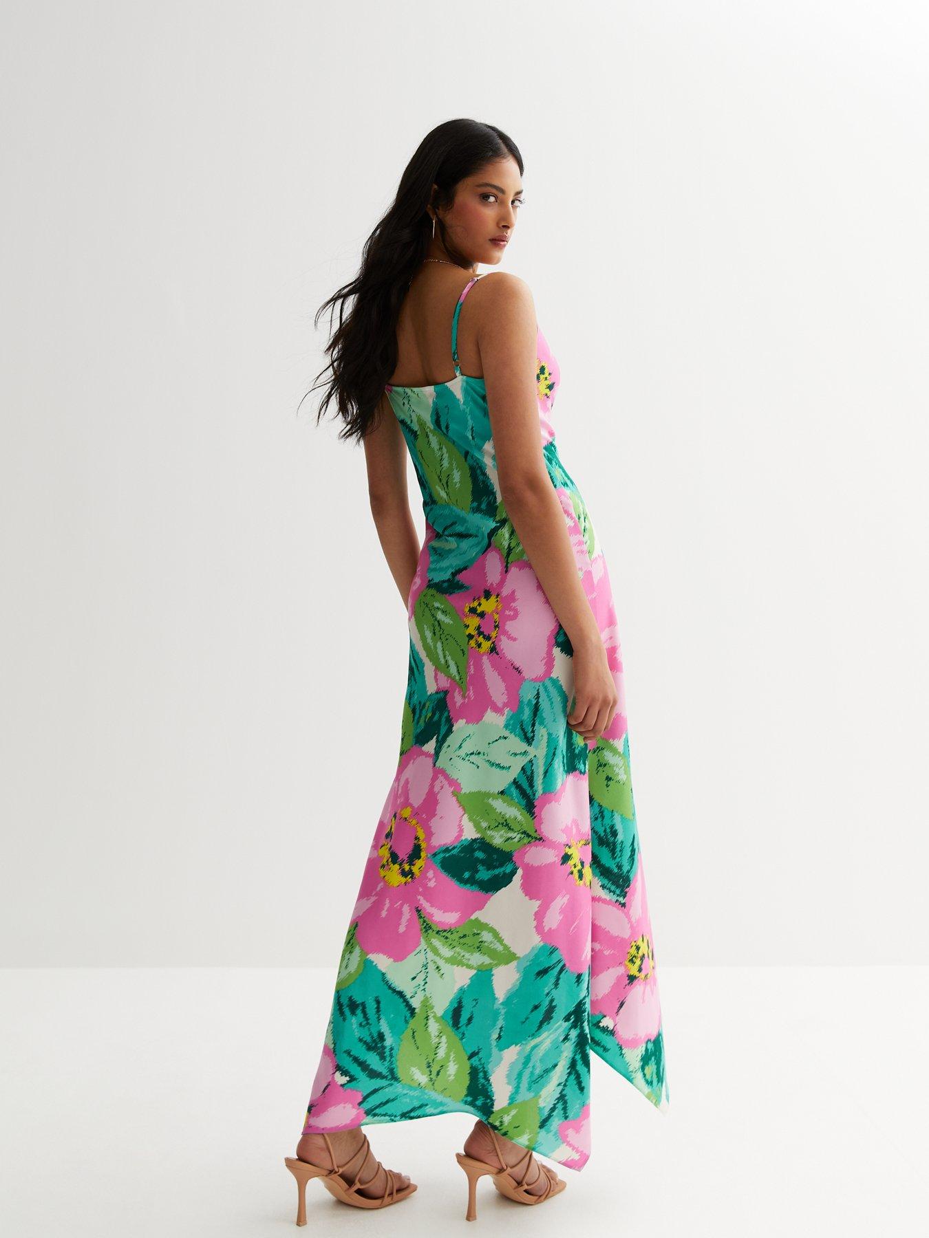 New Look Green Floral Satin Asymmetric Maxi Dress | very.co.uk