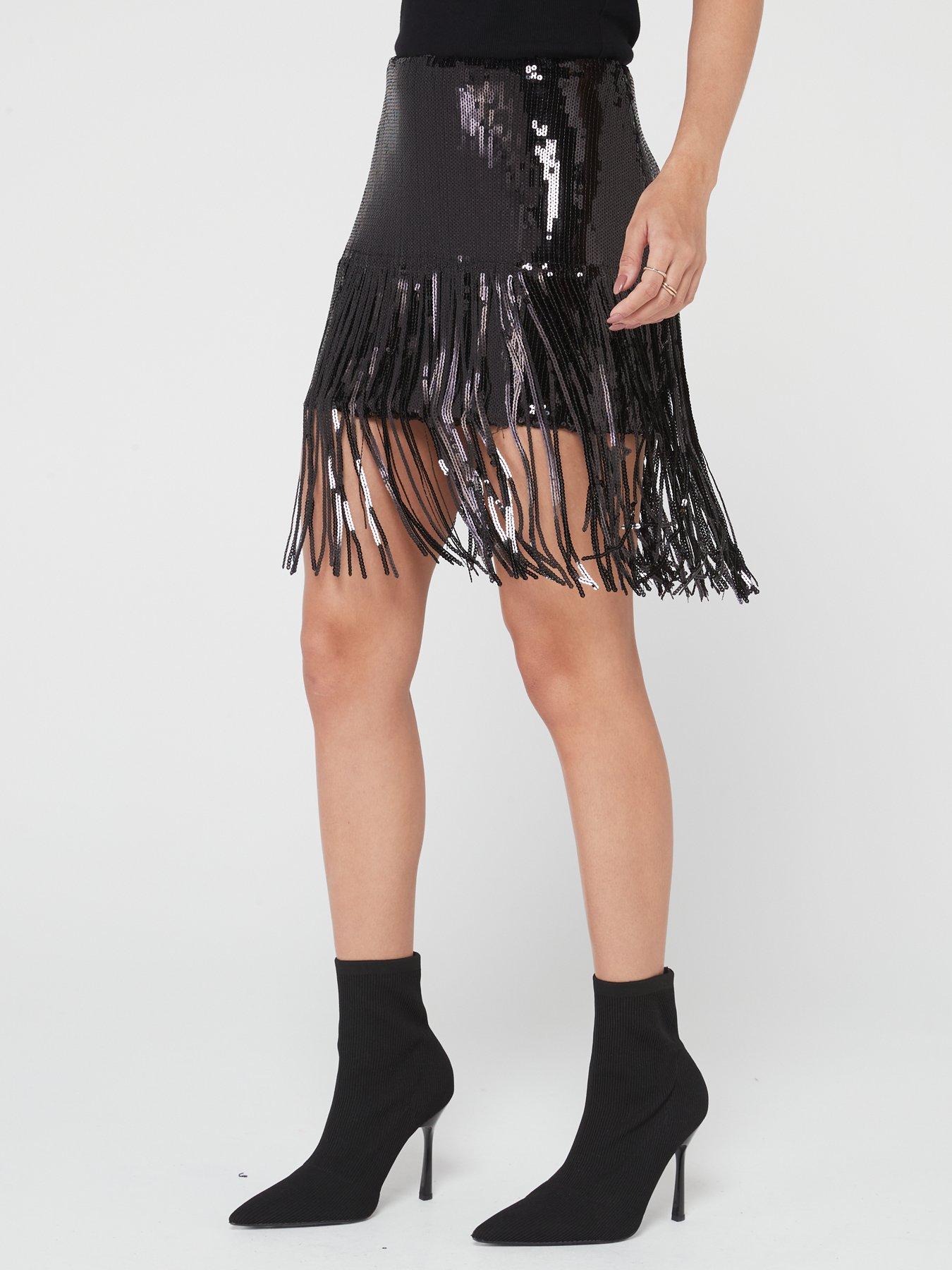 Mia High Waist Fringe Mini Sequin Skirt Black