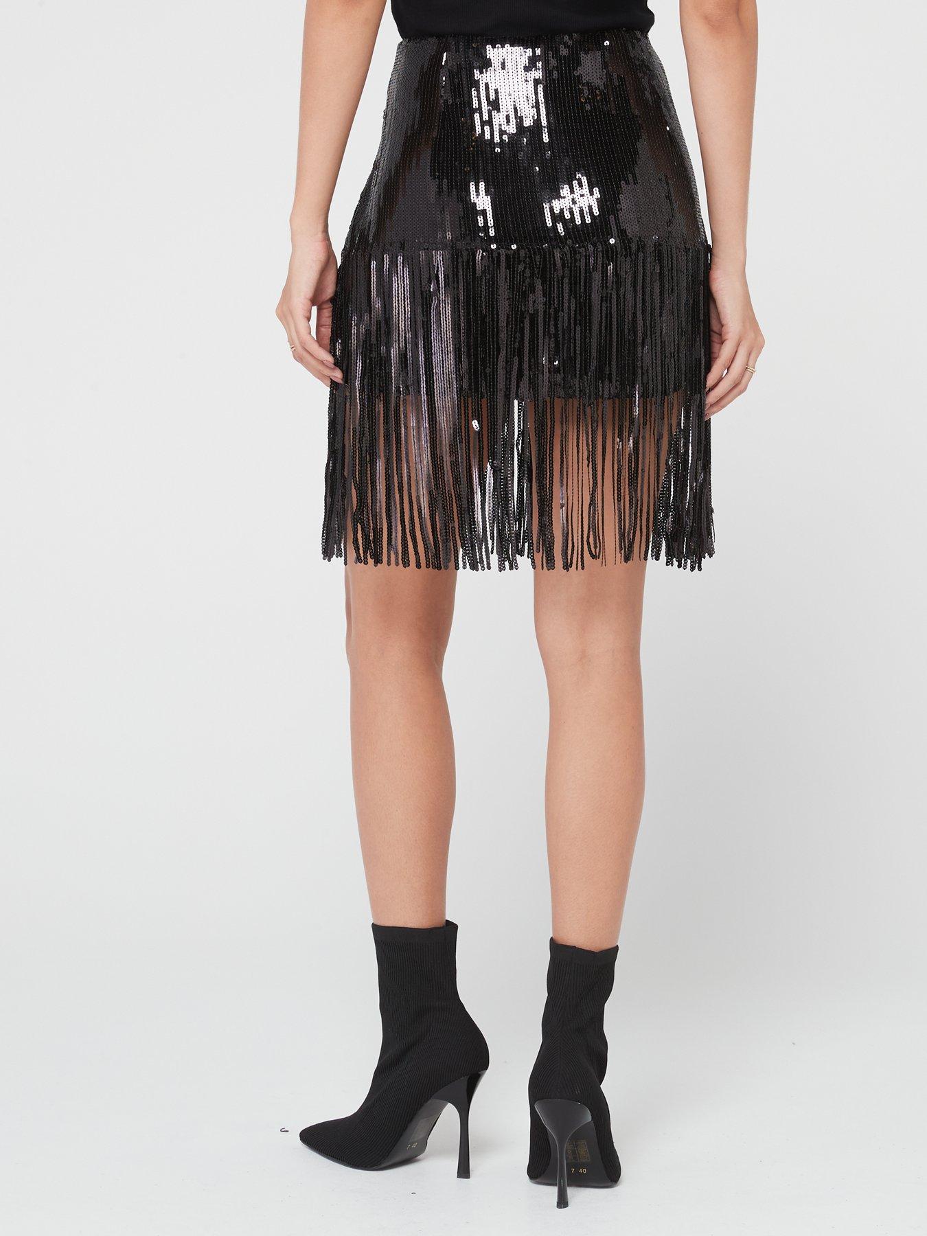 Something New Mia High Waist Fringe Mini Sequin Skirt - Black
