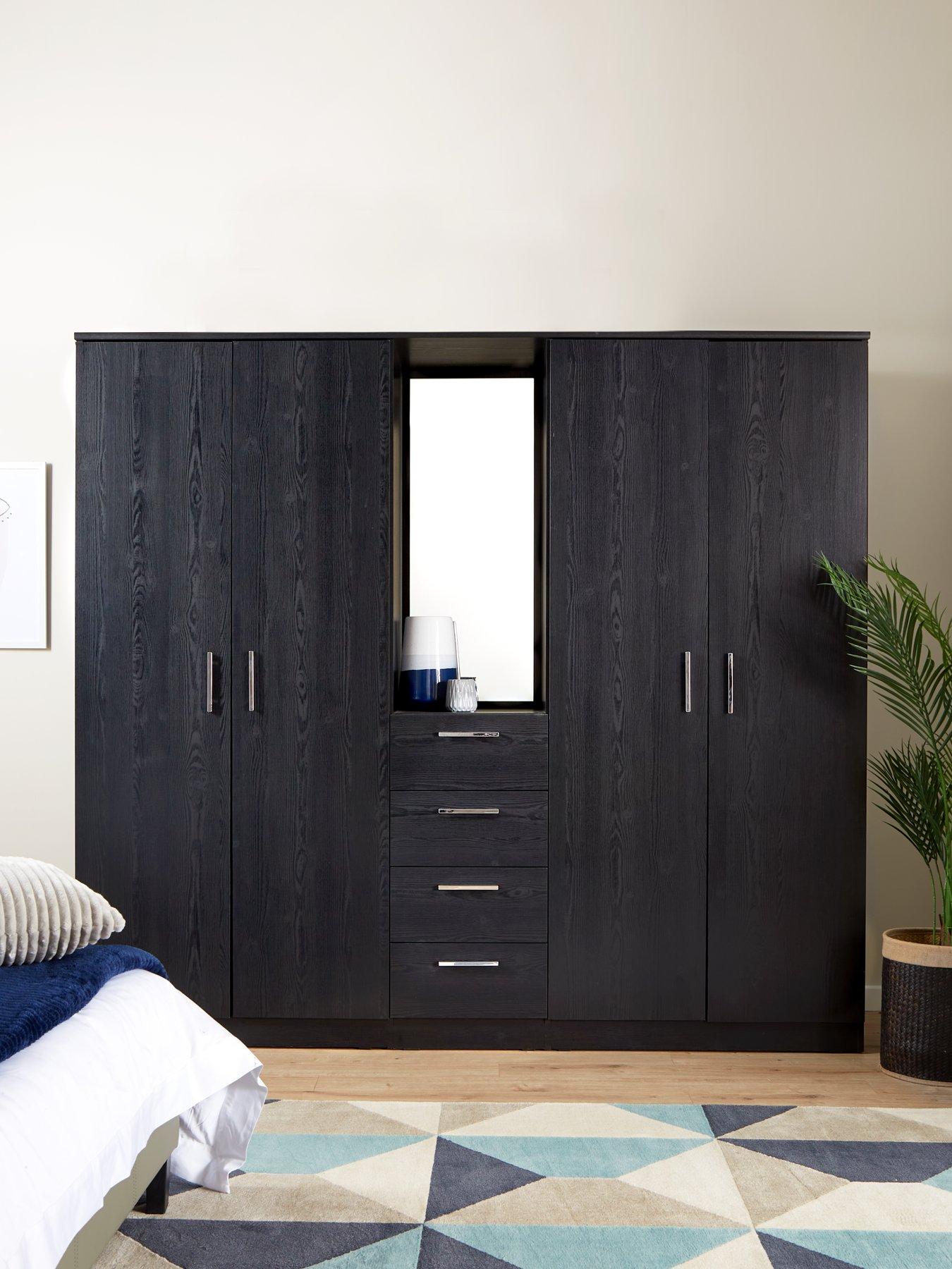 undefined Panama 4 Door, 4 Drawer Combi Fitment Wardrobe with Mirror - Black - FSC® Certified