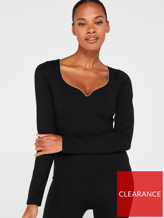 front image of v-by-very-diamonte-trim-sweetheart-neckline-top-black
