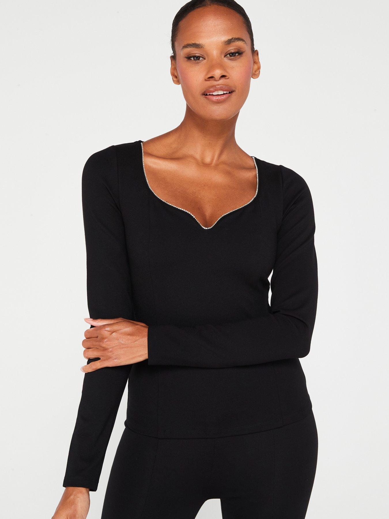 V by Very Diamonte Trim Sweetheart Neckline Top - Black | Very.co.uk