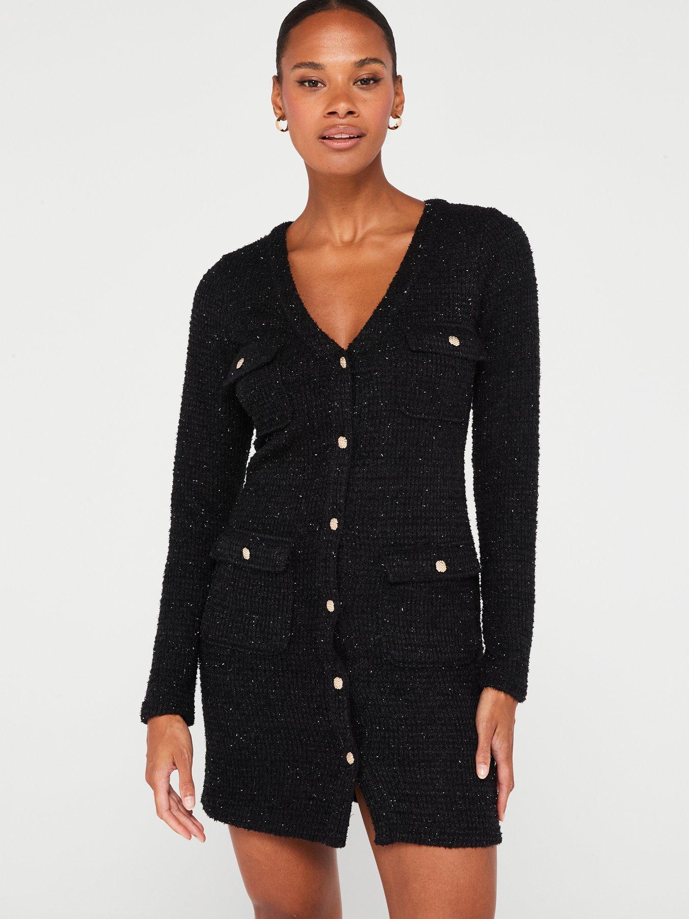 Long-Sleeve V-Neck Buttoned-Down Bouclé Cardigan, Regular