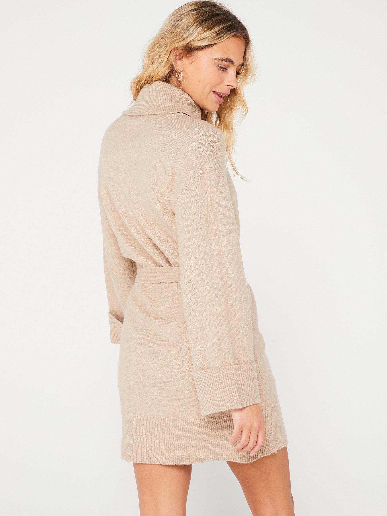 Roll Neck Long Sleeve Belted Knit Dress - Beige