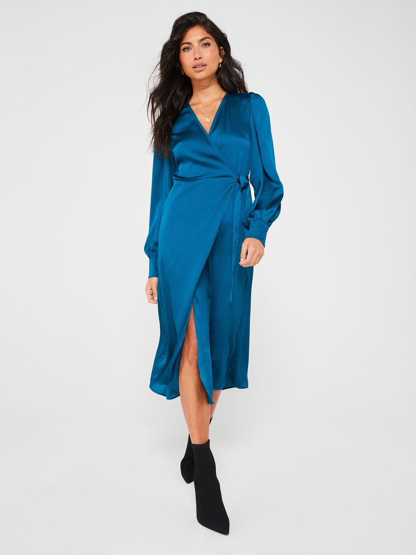 Vila Long Sleeve Satin Wrap Dress - Blue | Very.co.uk