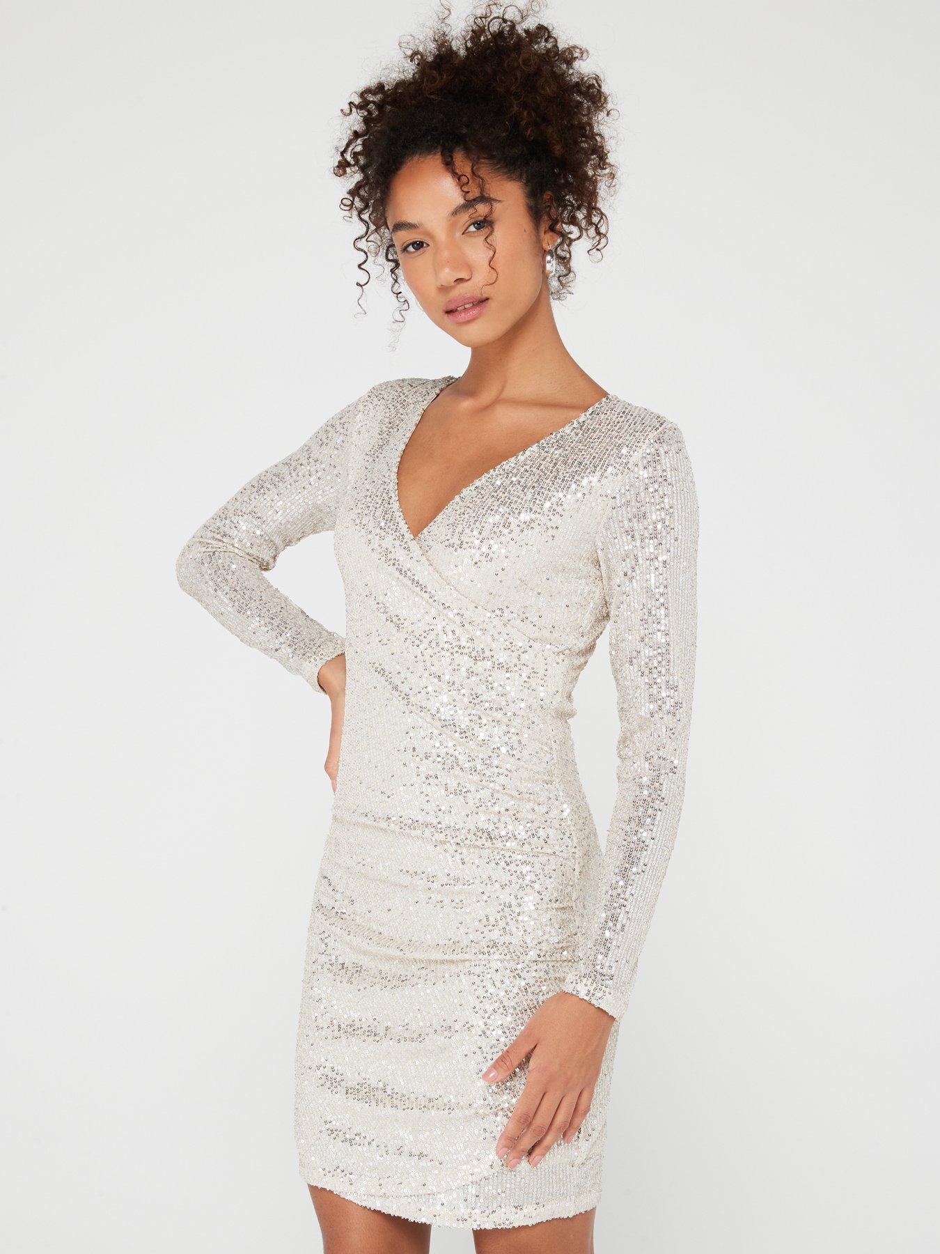 PIECES Delphia Sequin Wrap Dress Neutral Very