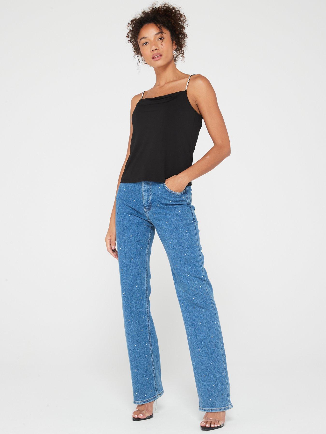 High Waisted All Over Rhinestone Wide Leg Jeans