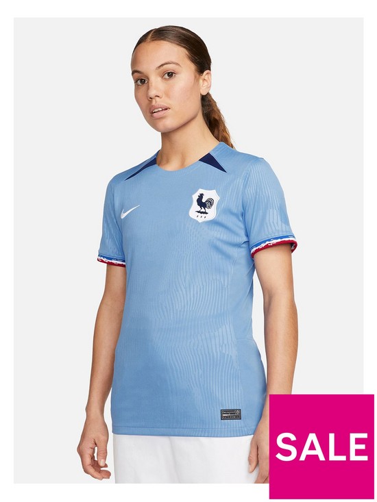 front image of nike-france-womens-2023-home-stadium-short-sleeved-shirt-blue