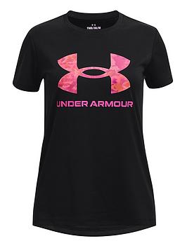 under armour girls tech printed big logo short sleeve tee - black, black, size m=9-10 years