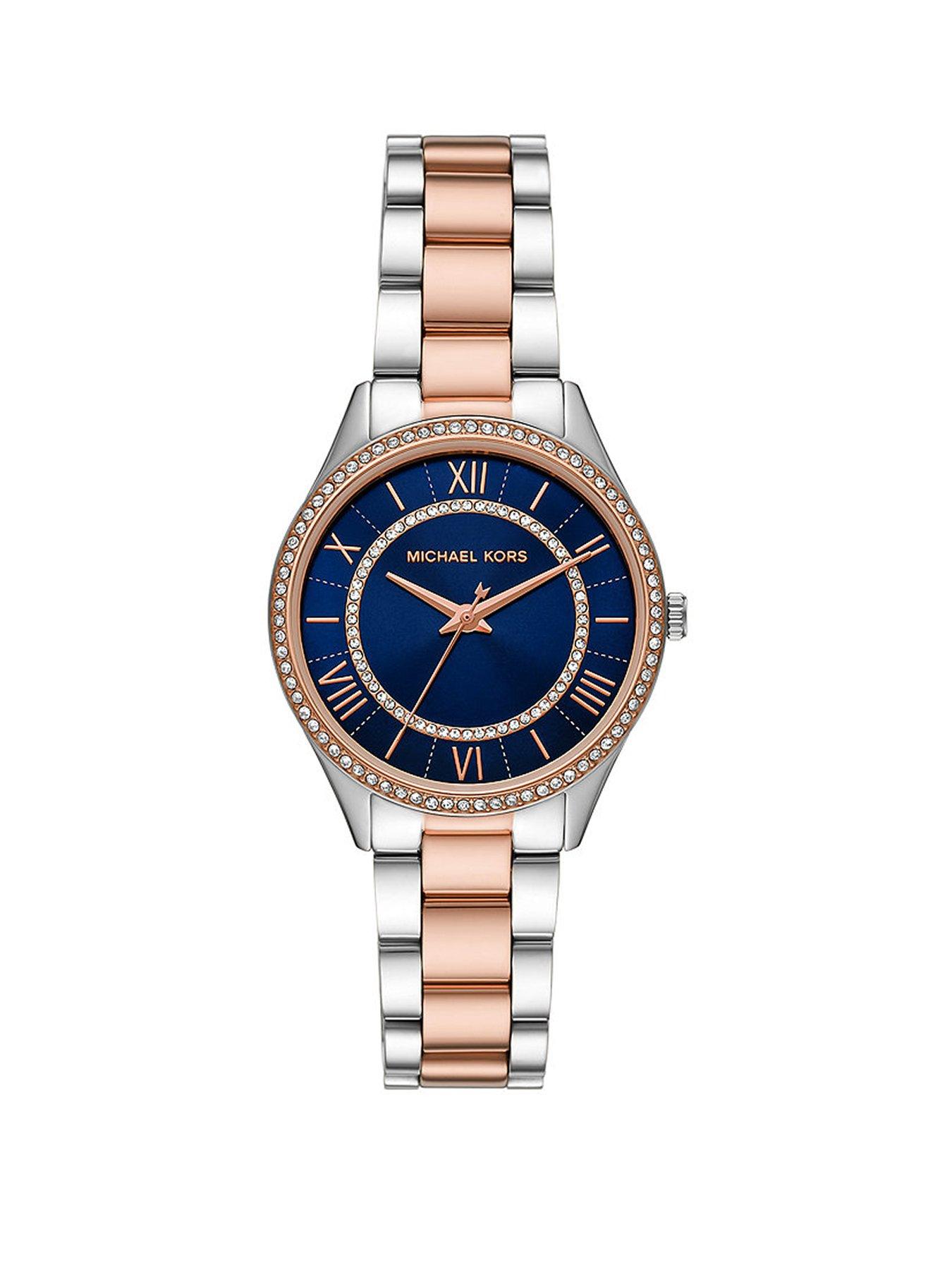 Product photograph of Michael Kors Lauryn Blue Dial Bi-colour Stainless Steel Watch from very.co.uk