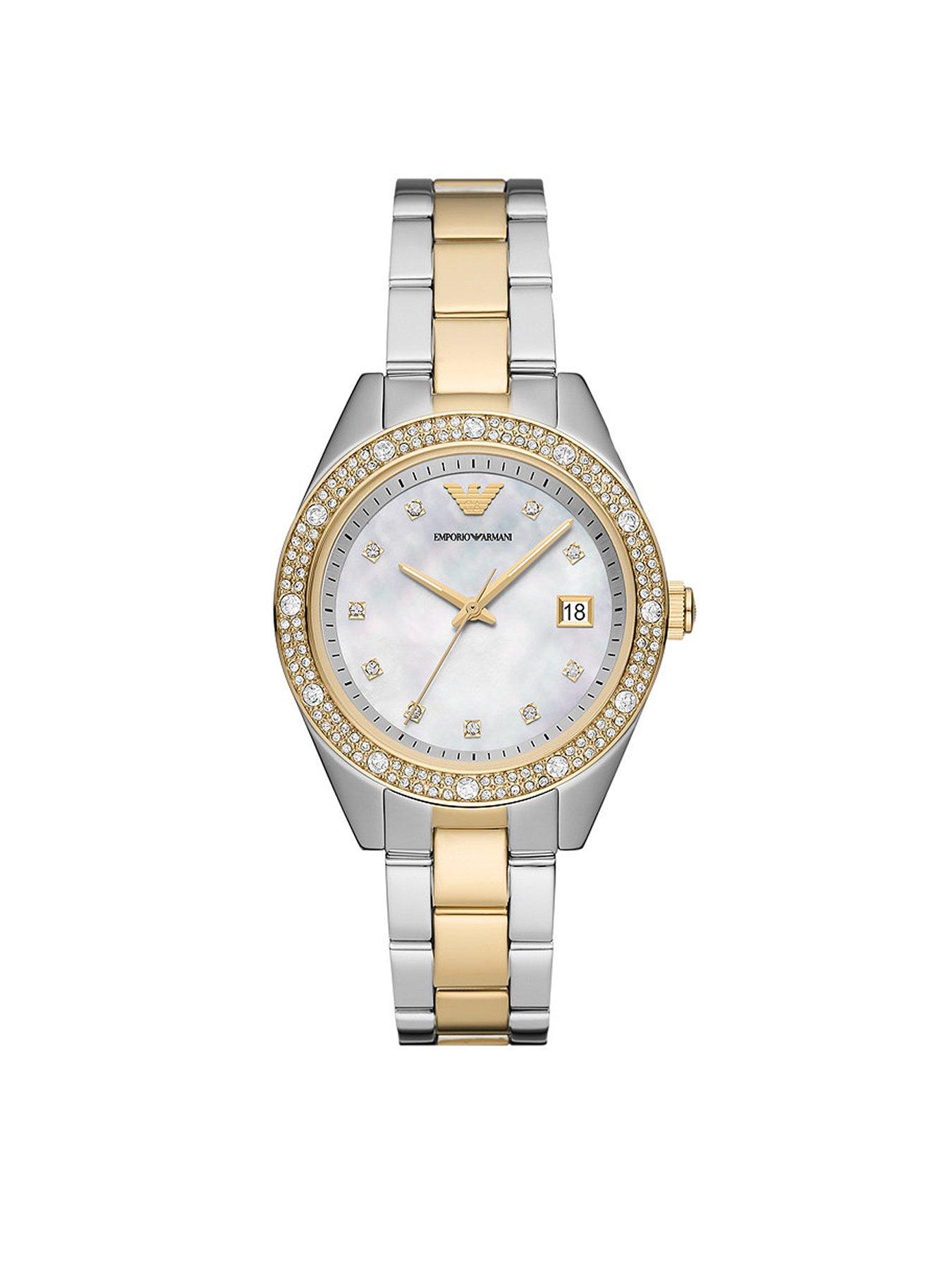 Product photograph of Emporio Armani Ladies Two-tone Stainless Steel Watch from very.co.uk
