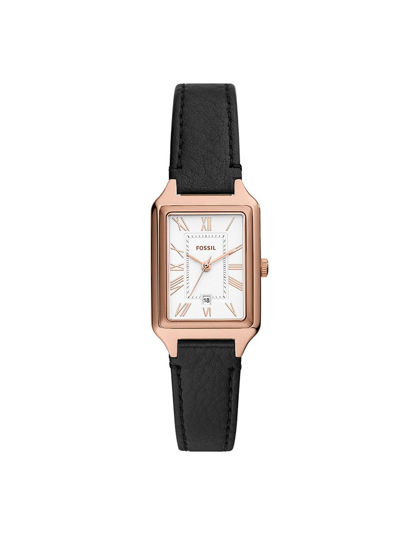 Product photograph of Fossil Raquel Rose Gold And Black Leather Watch from very.co.uk