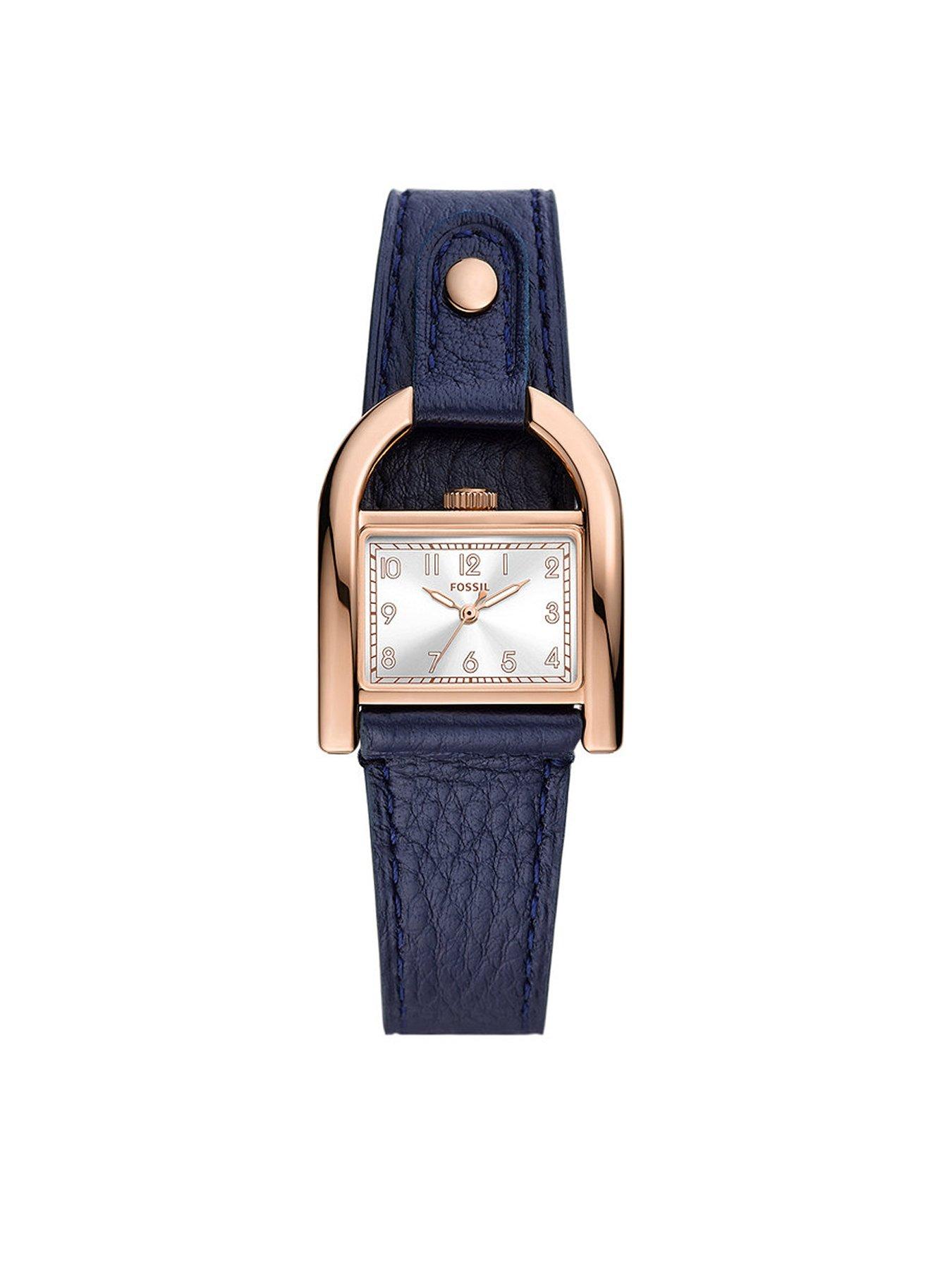 Product photograph of Fossil Harwell Navy Leather Strap Watch from very.co.uk