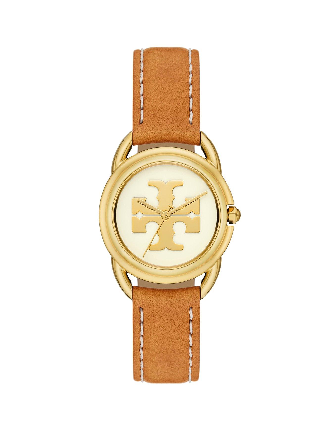 Product photograph of Tory Burch The Miller Brown Leather Strap Watch from very.co.uk
