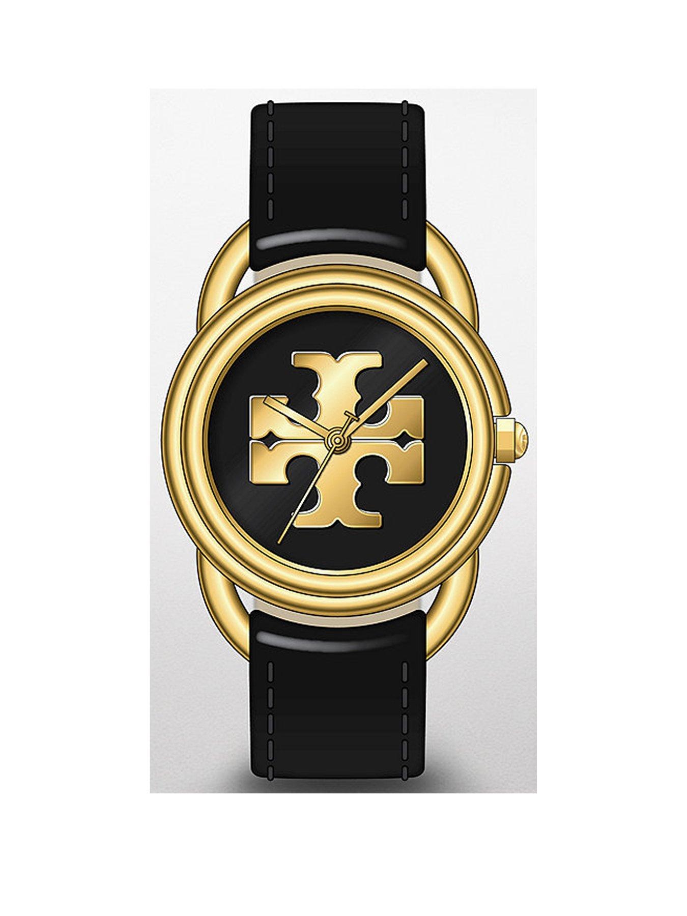 Product photograph of Tory Burch The Miller Black Leather Strap Watch from very.co.uk