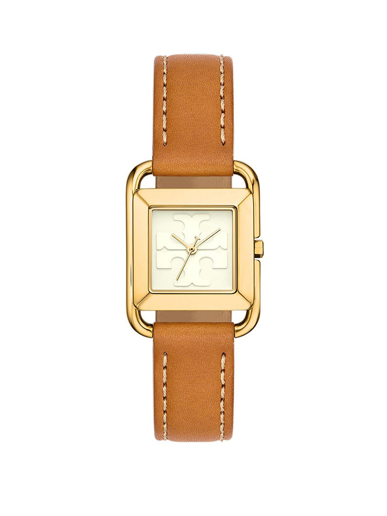 Product photograph of Tory Burch The Miller Square Brown Leather Strap Watch from very.co.uk