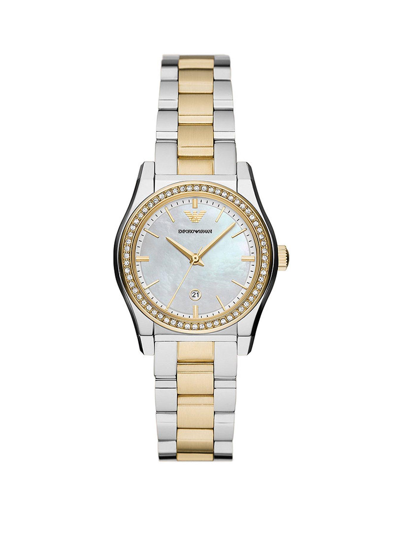 Product photograph of Emporio Armani Mother Of Pearl Dial Stainless Steel Duo-colour Bracelet Ladies Watch from very.co.uk