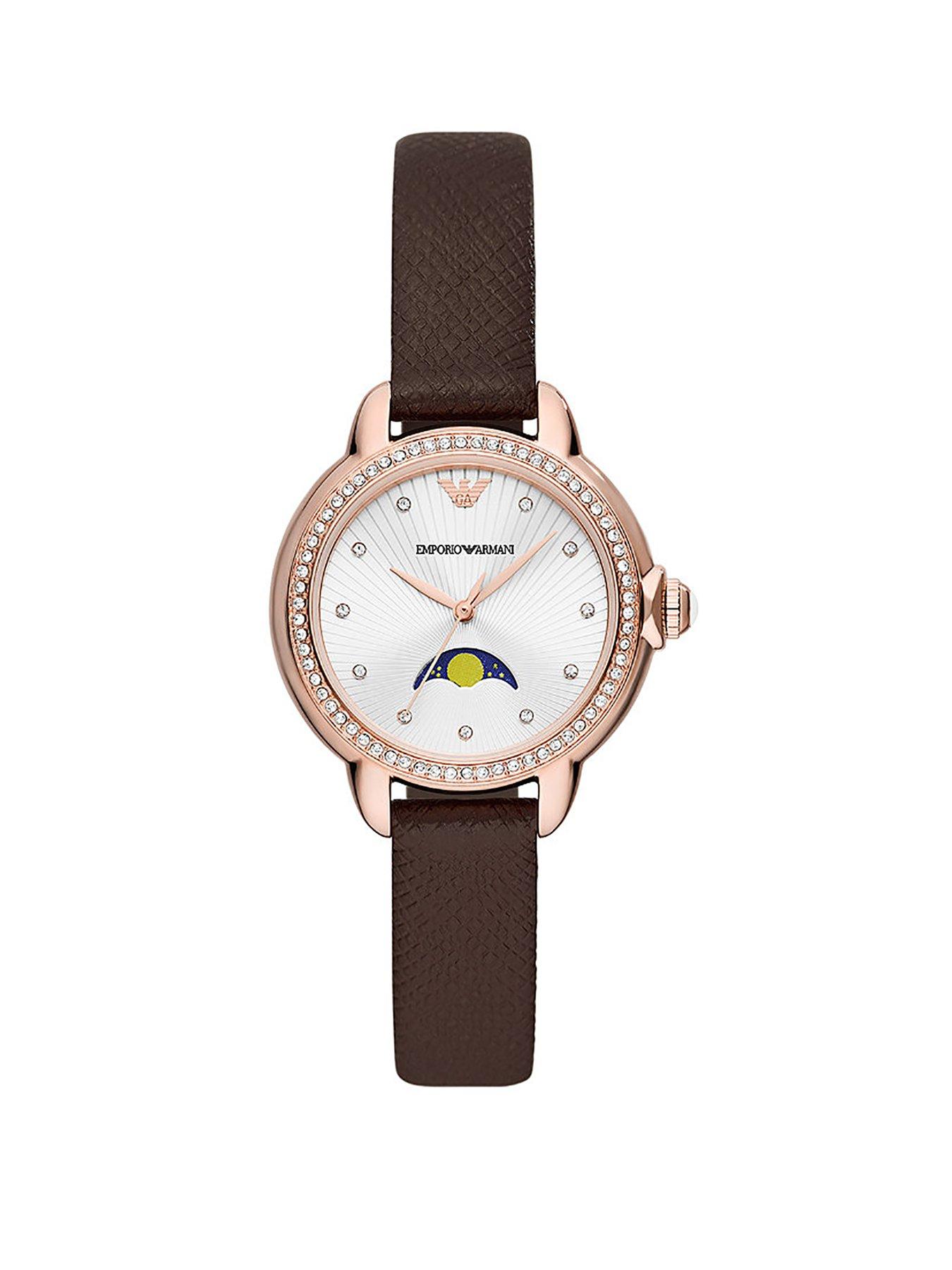 Product photograph of Emporio Armani White Moonphase Dial Rose Bezel Brown Strap Ladies Watch from very.co.uk