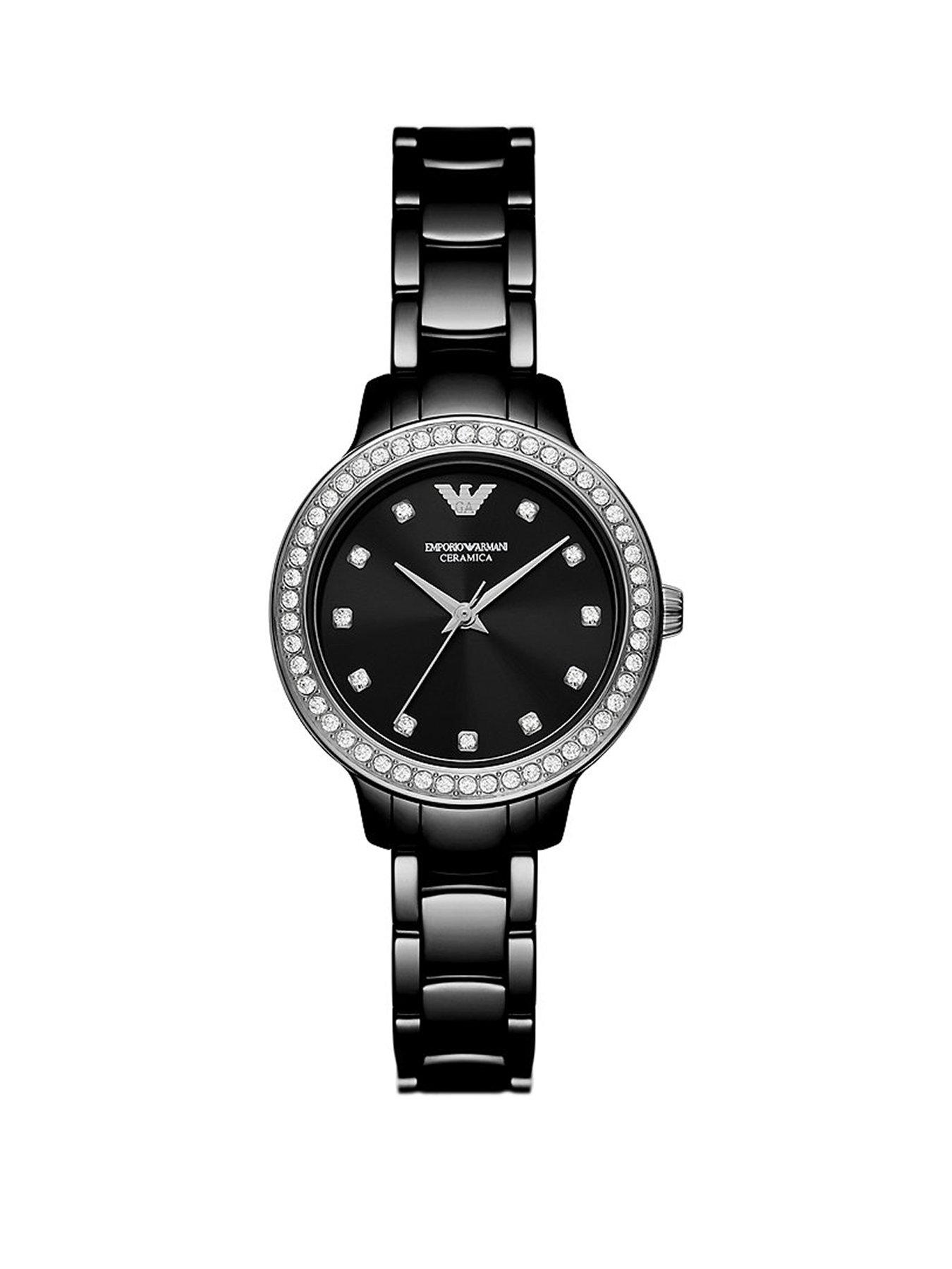 Product photograph of Emporio Armani Black Dial Black Ceramic Bracelet Ladies Watch from very.co.uk
