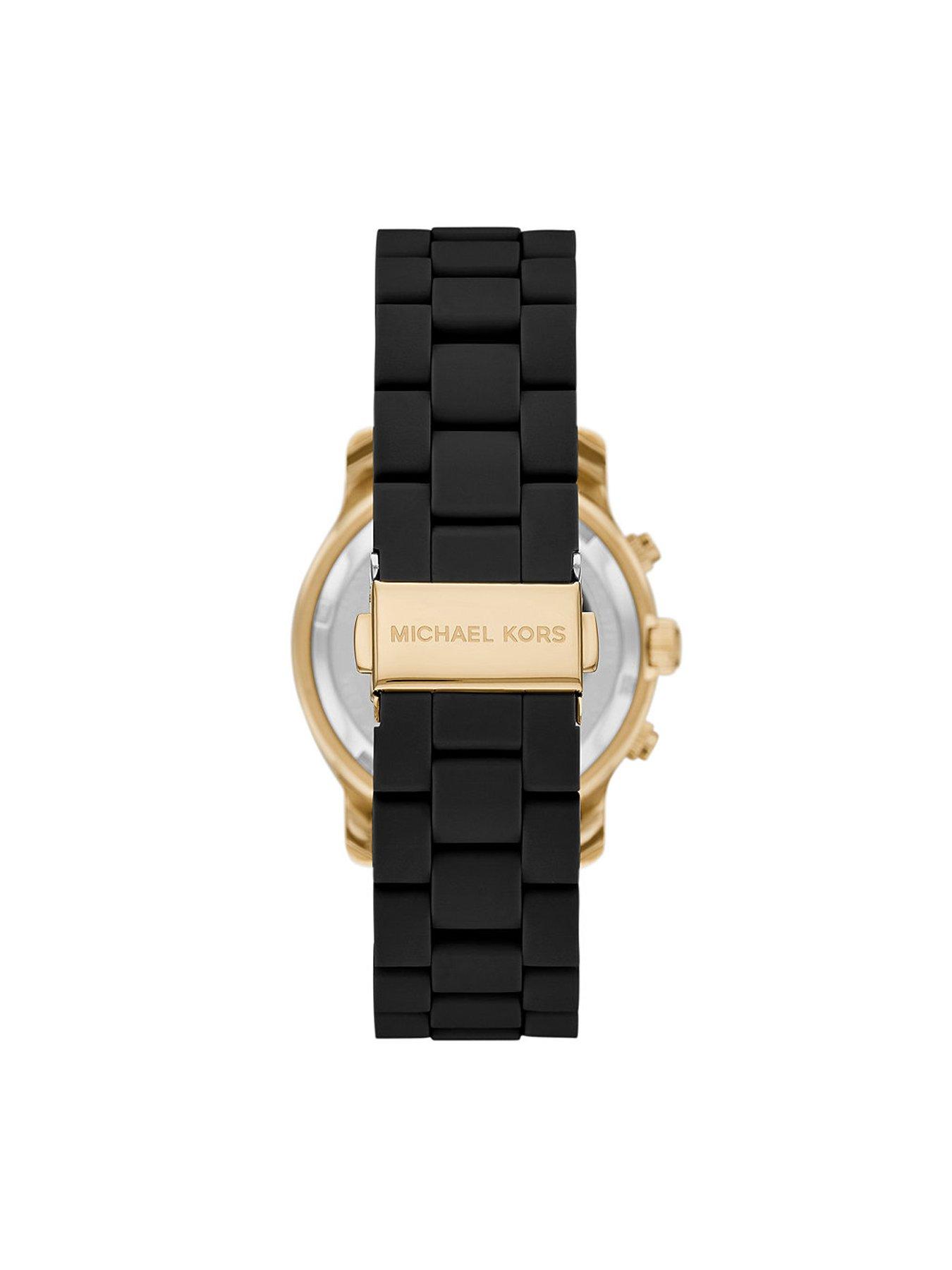 Michael Kors Runway Black Chronograph Gold Tone Case Black Silicone Bracelet Ladies Watch Very