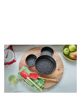 Product photograph of Prestige Disney Bake With Mickey Mouse 3 Piece Non Stick Mickey Head Cake Tins And 2 Piece Spatula Set from very.co.uk