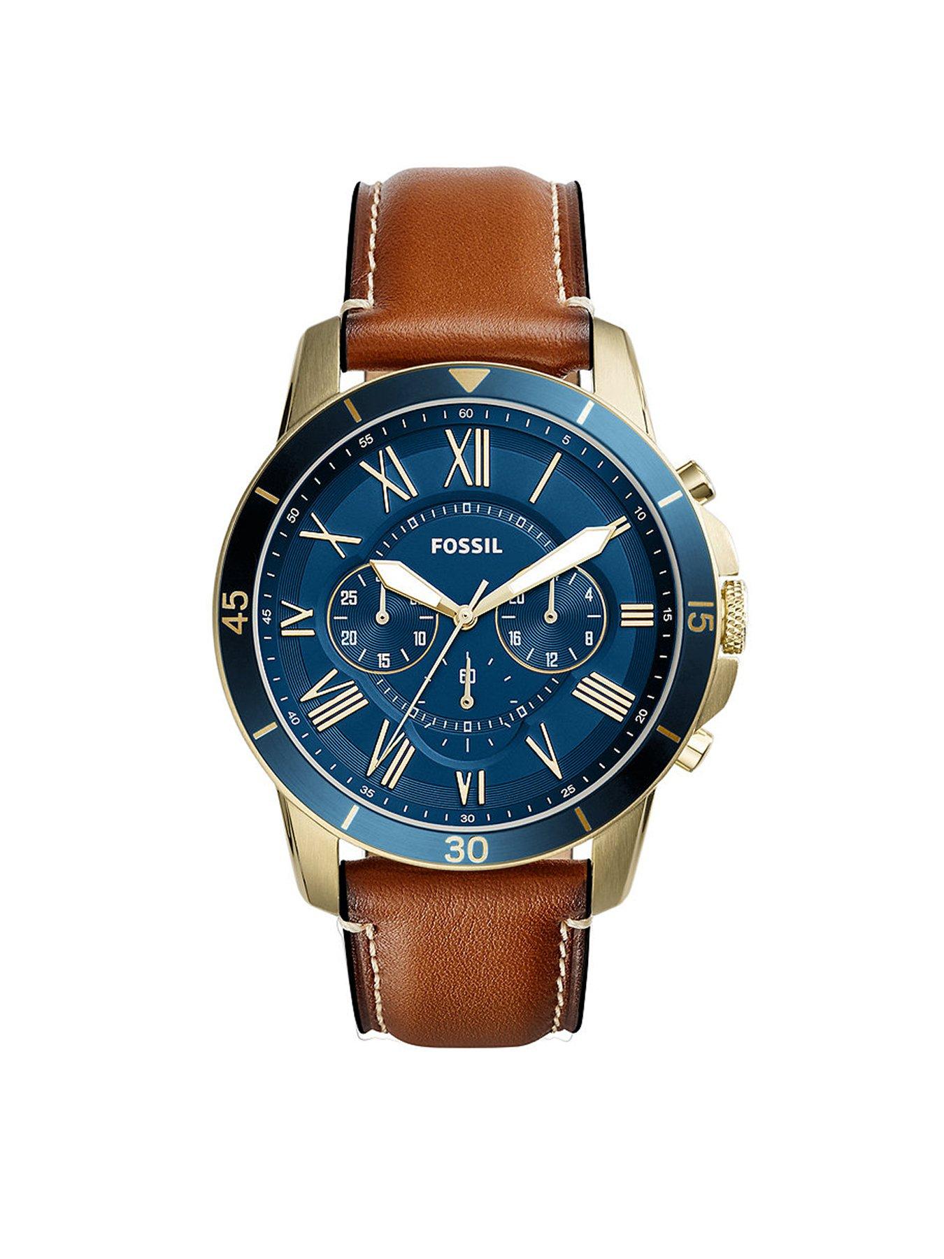 Product photograph of Fossil Grant Sport Blue Dial Brown Strap Mens Watch from very.co.uk