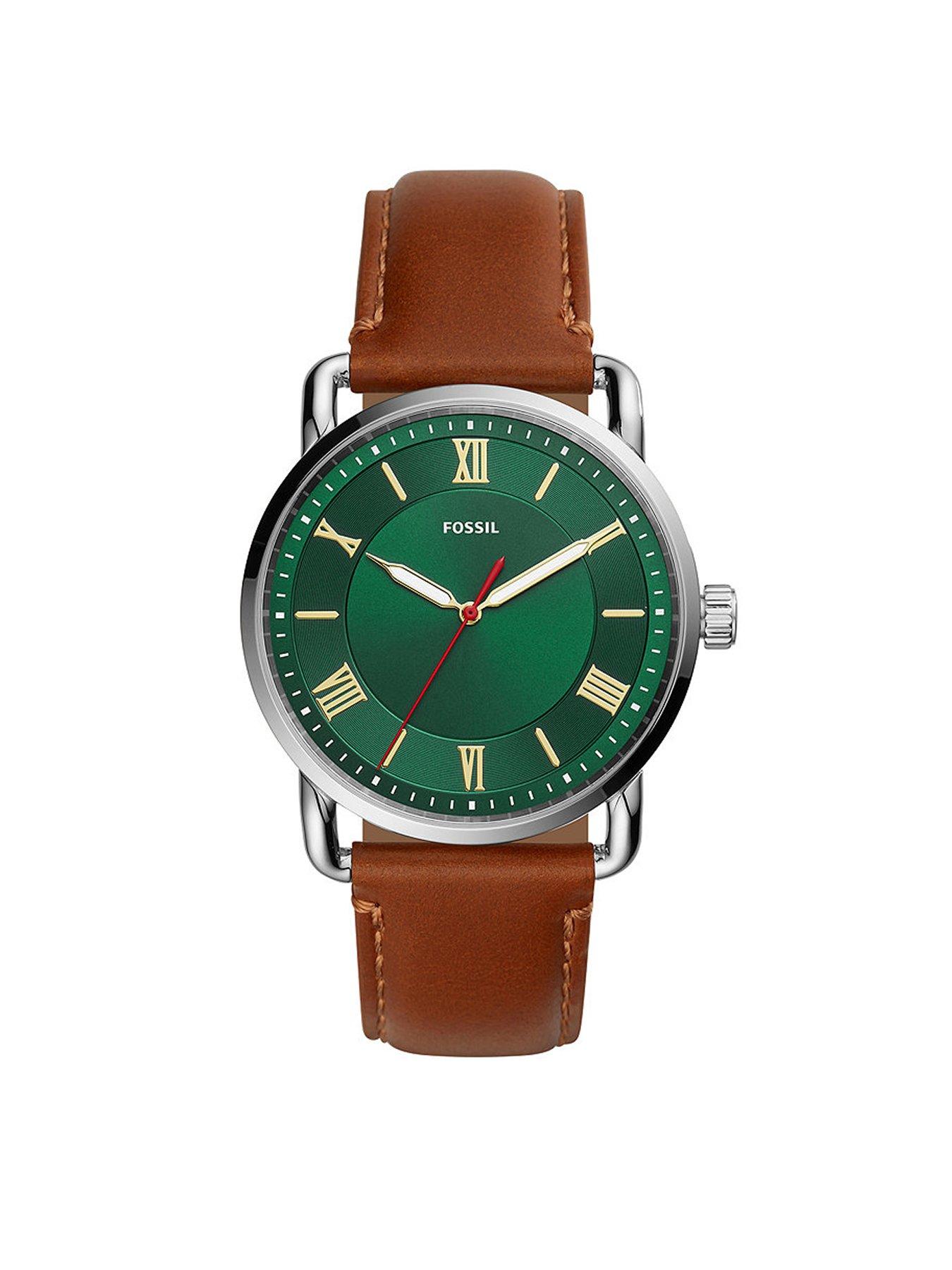 Product photograph of Fossil Copeland Green Dial Brown Strap Fossil Watch from very.co.uk