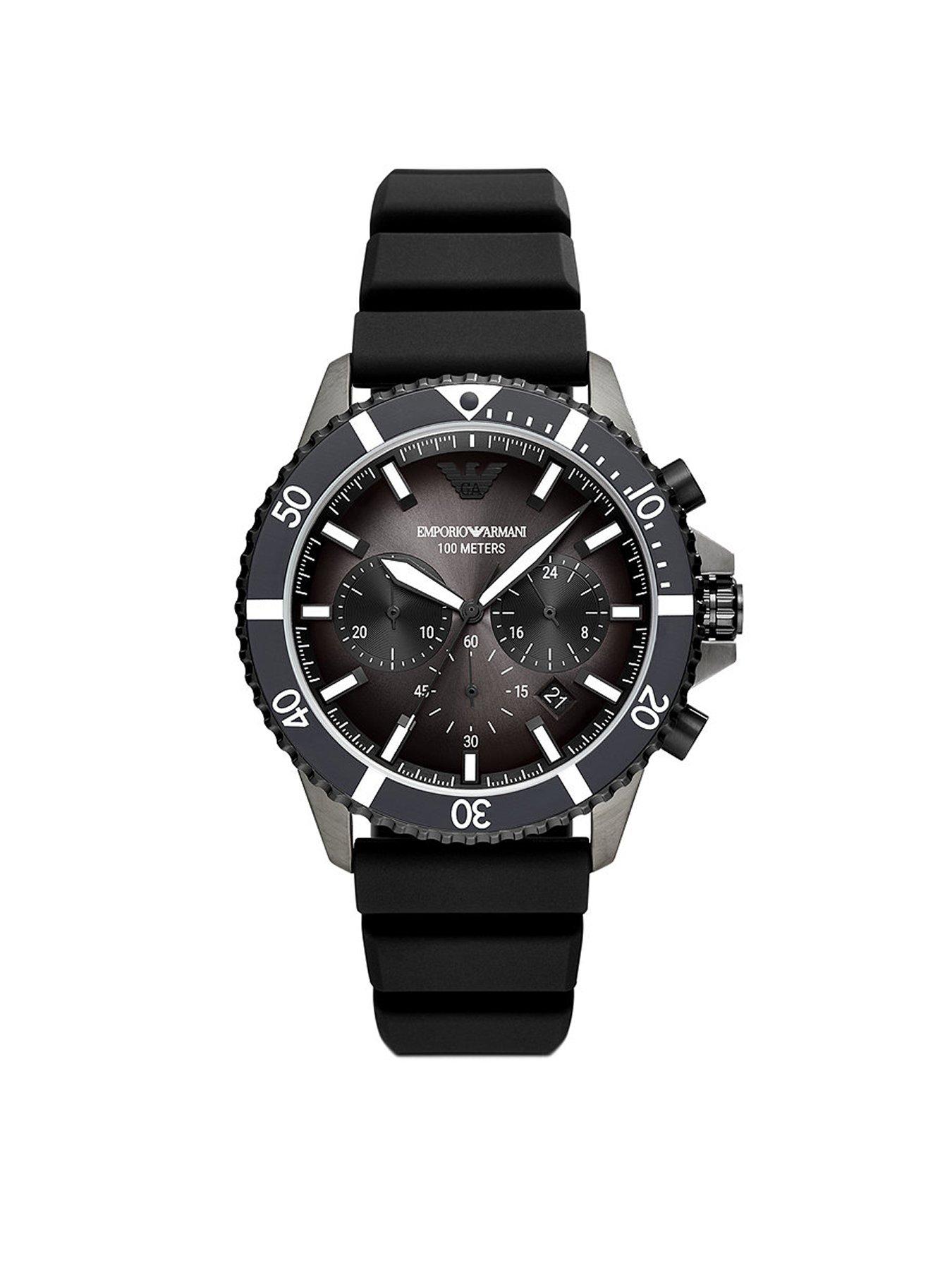 Product photograph of Emporio Armani Mens Black Diver Watch from very.co.uk