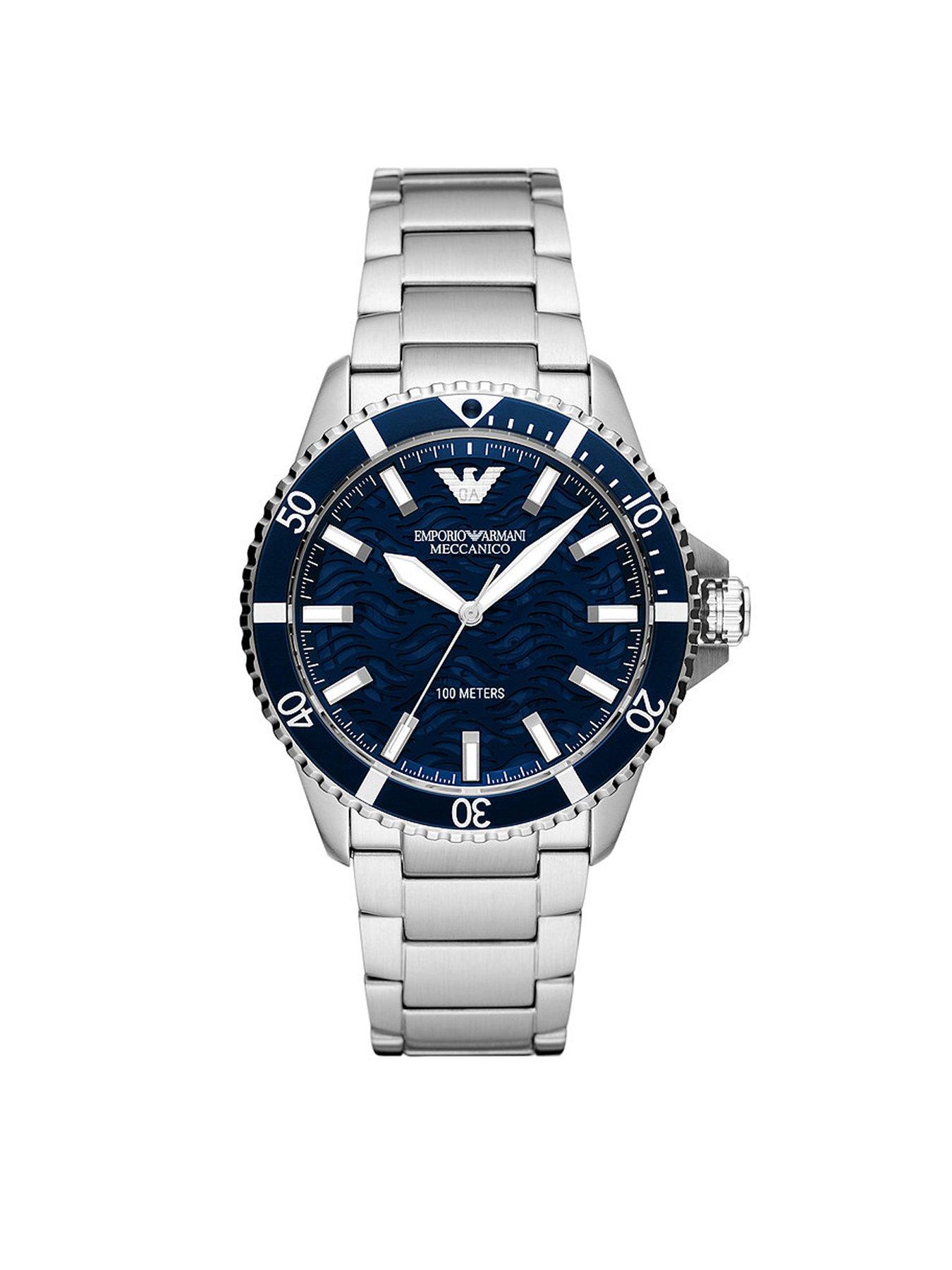 Product photograph of Emporio Armani Men S Blue Dial Stainless Steel Bracelet Watch from very.co.uk