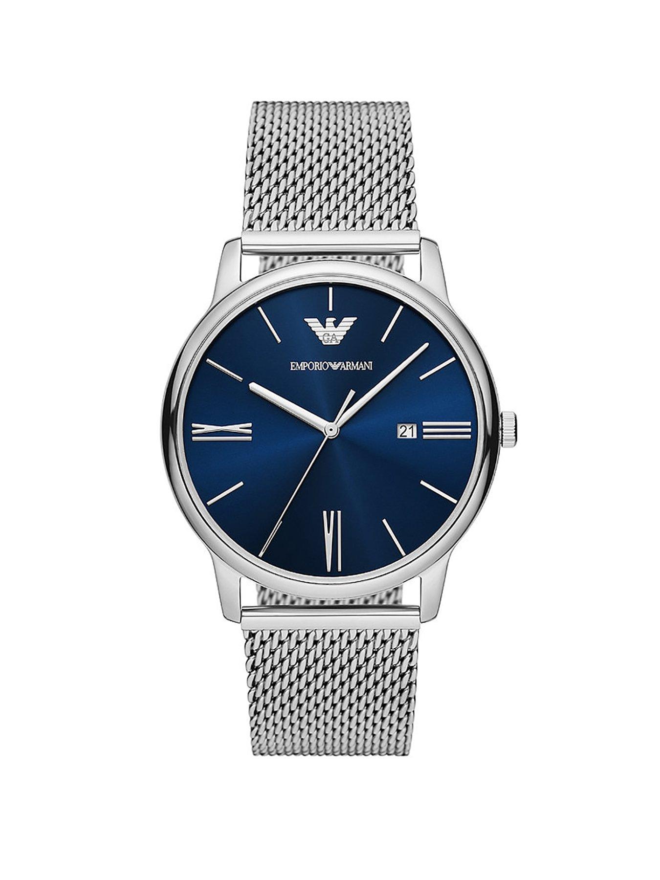 Product photograph of Emporio Armani Men S Blue Dial Stainless Steel Watch from very.co.uk