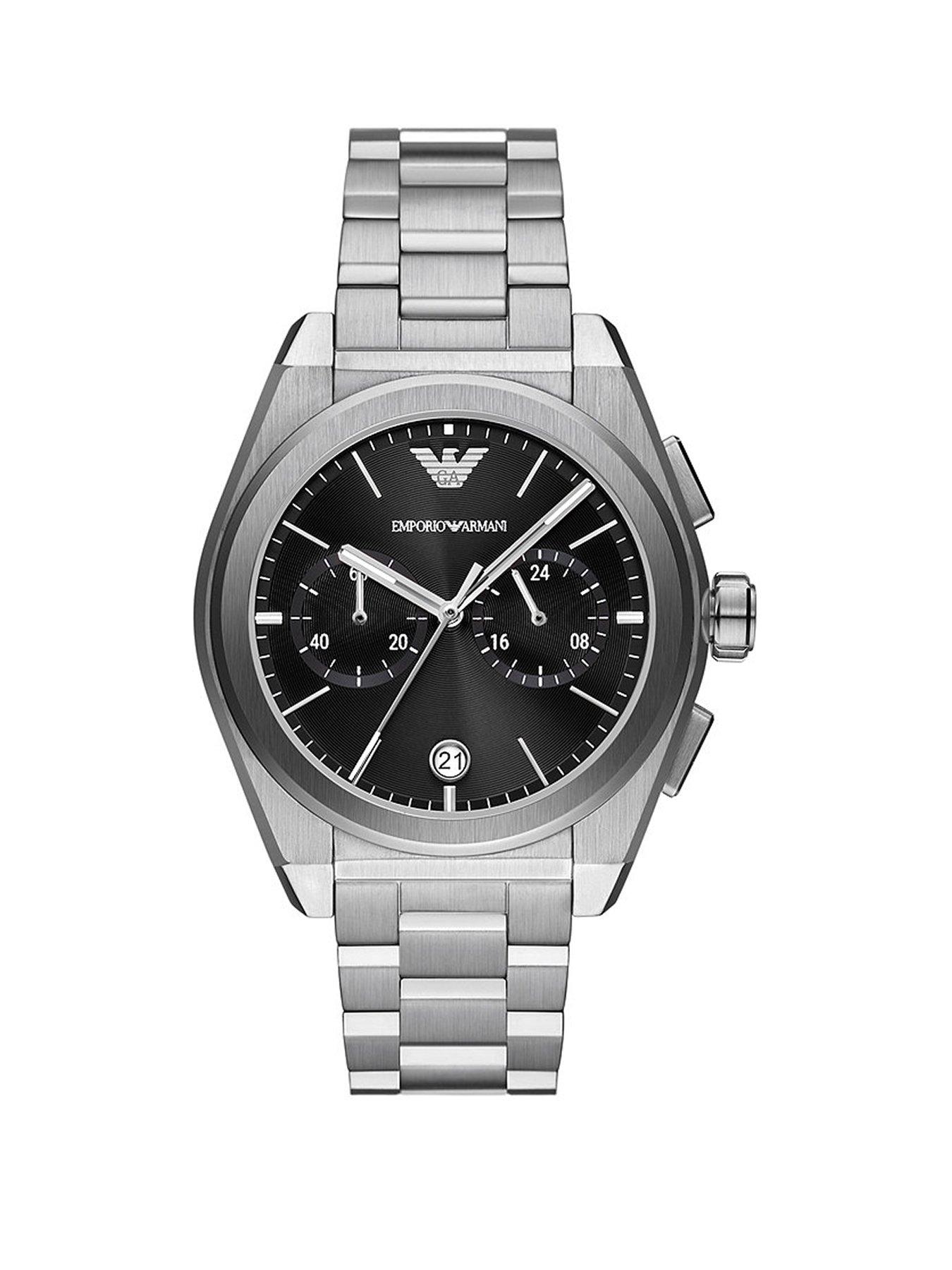 Product photograph of Emporio Armani Men S Black Dial Stainless Steel Chronograph Watch from very.co.uk