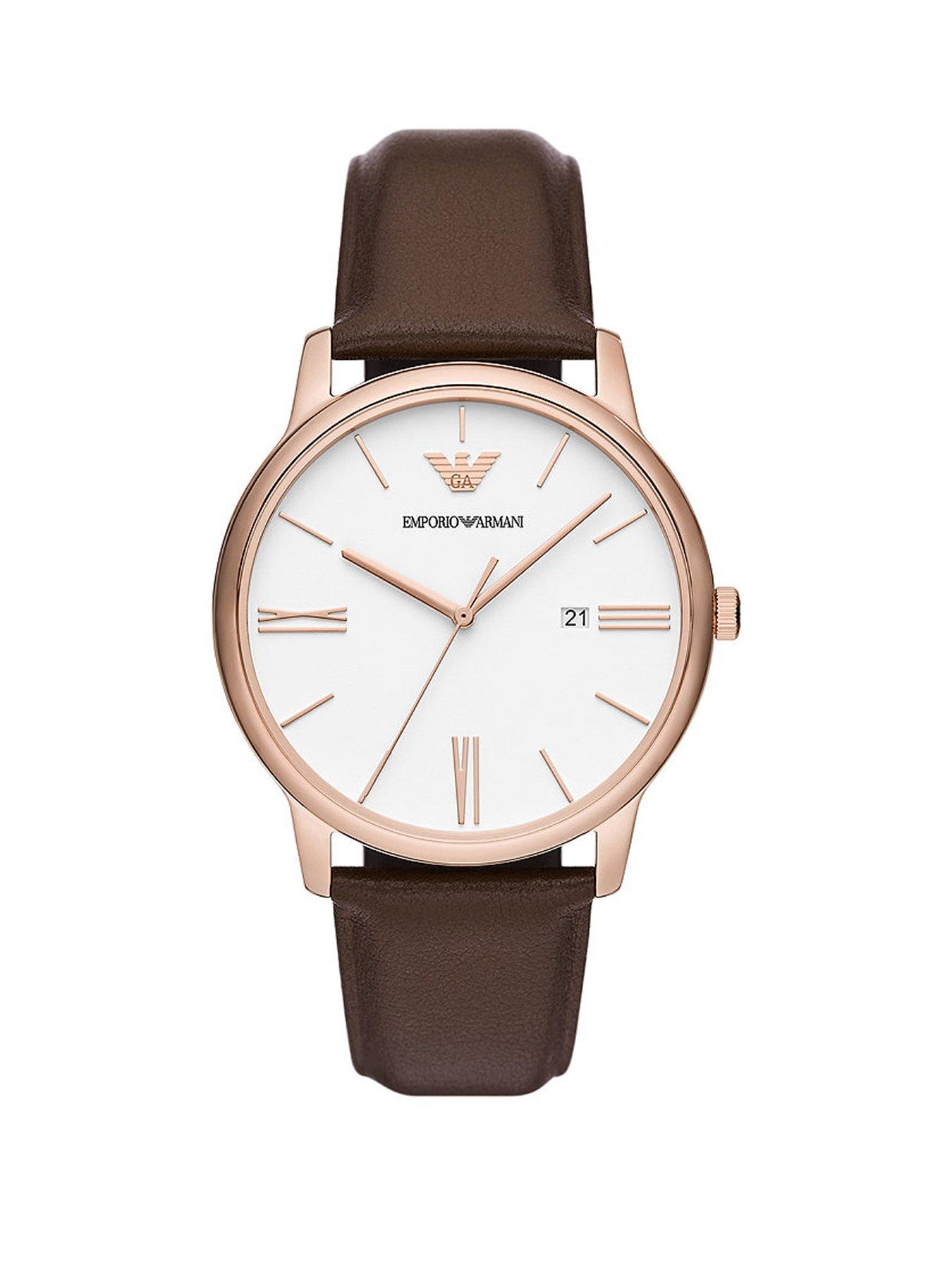 Product photograph of Emporio Armani White Dial Brown Strap Mens Watch from very.co.uk