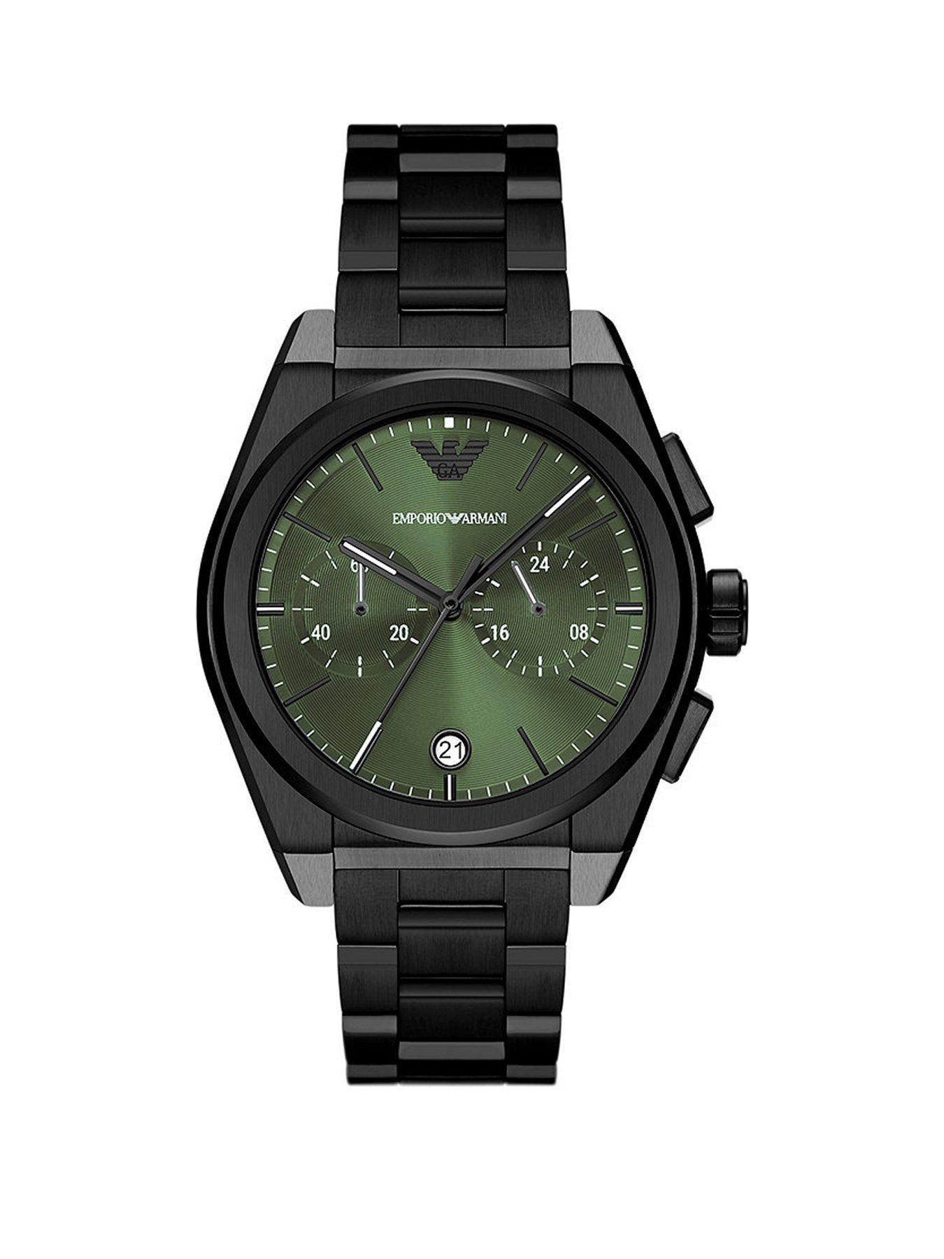 Emporio Armani Green Dial Black IP Bracelet Mens Chronograph Watch