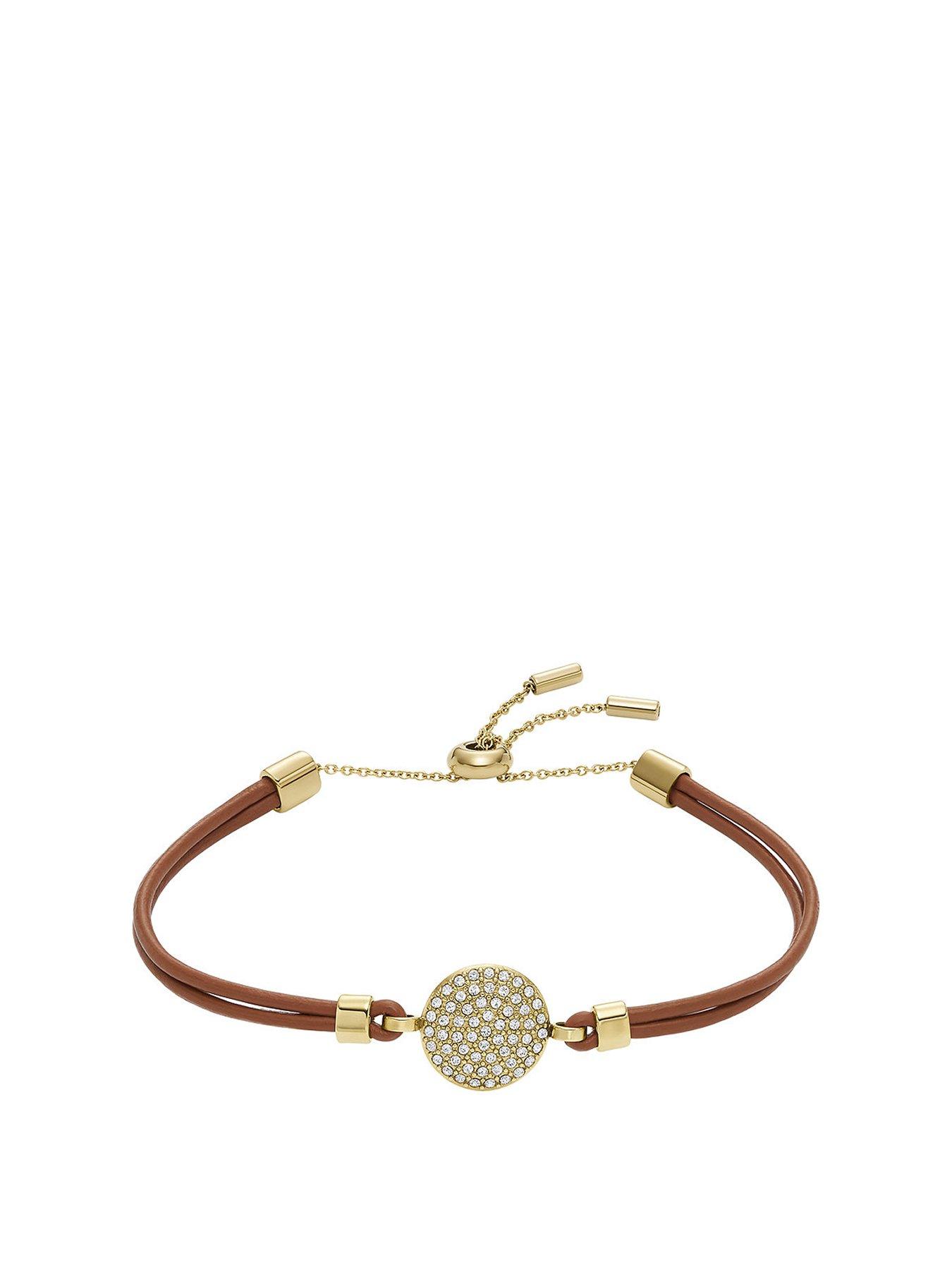 Product photograph of Fossil Sadie Clear Glass Crystal And Brown Leather Strap Bracelet from very.co.uk