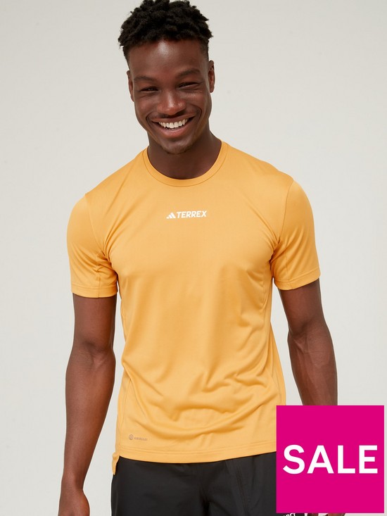front image of adidas-terrex-mens-centre-logo-t-shirt-yellow