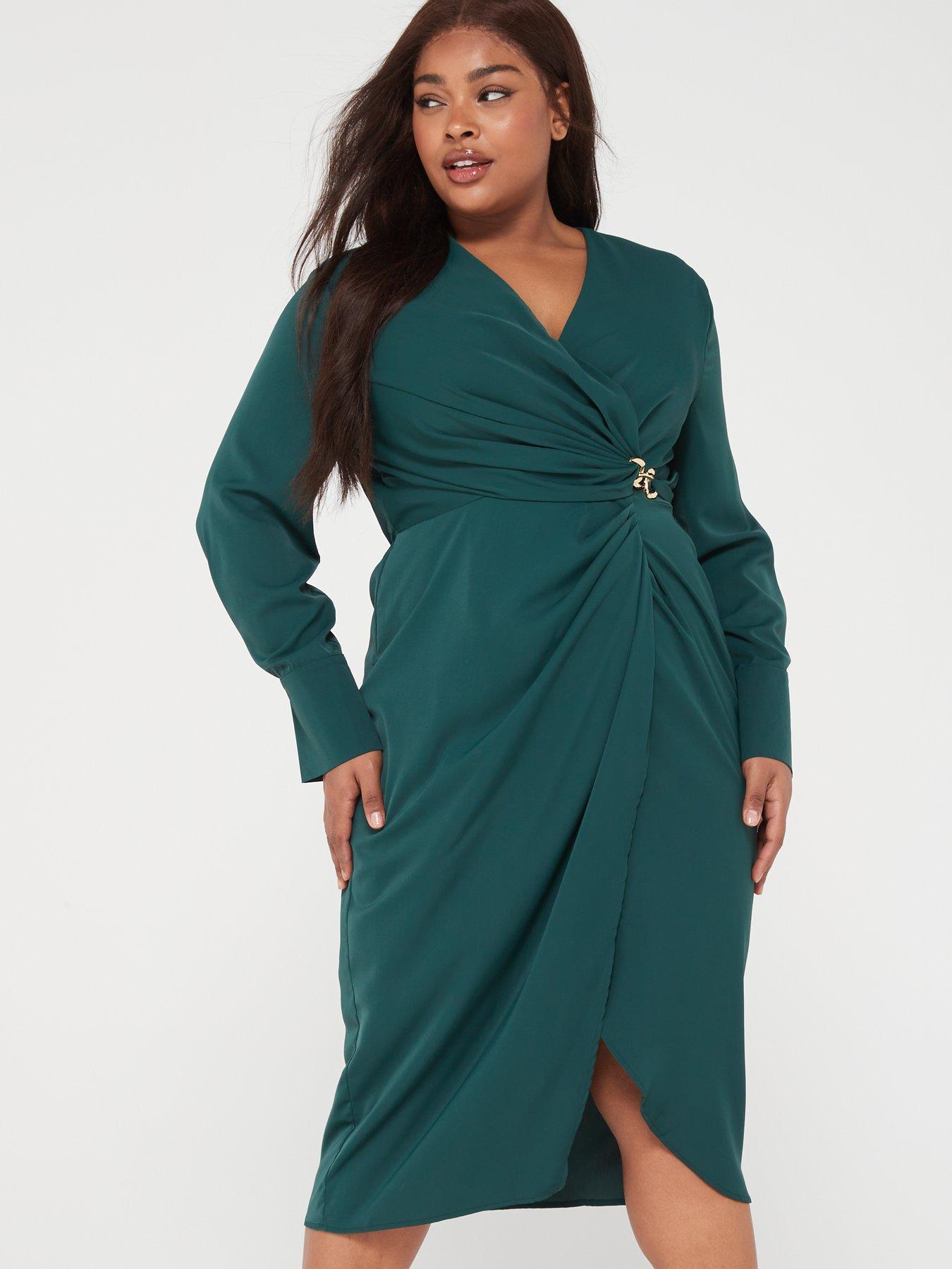 AX PARIS CURVE Wrap Gold Buckle Midi Dress - Teal | Very.co.uk