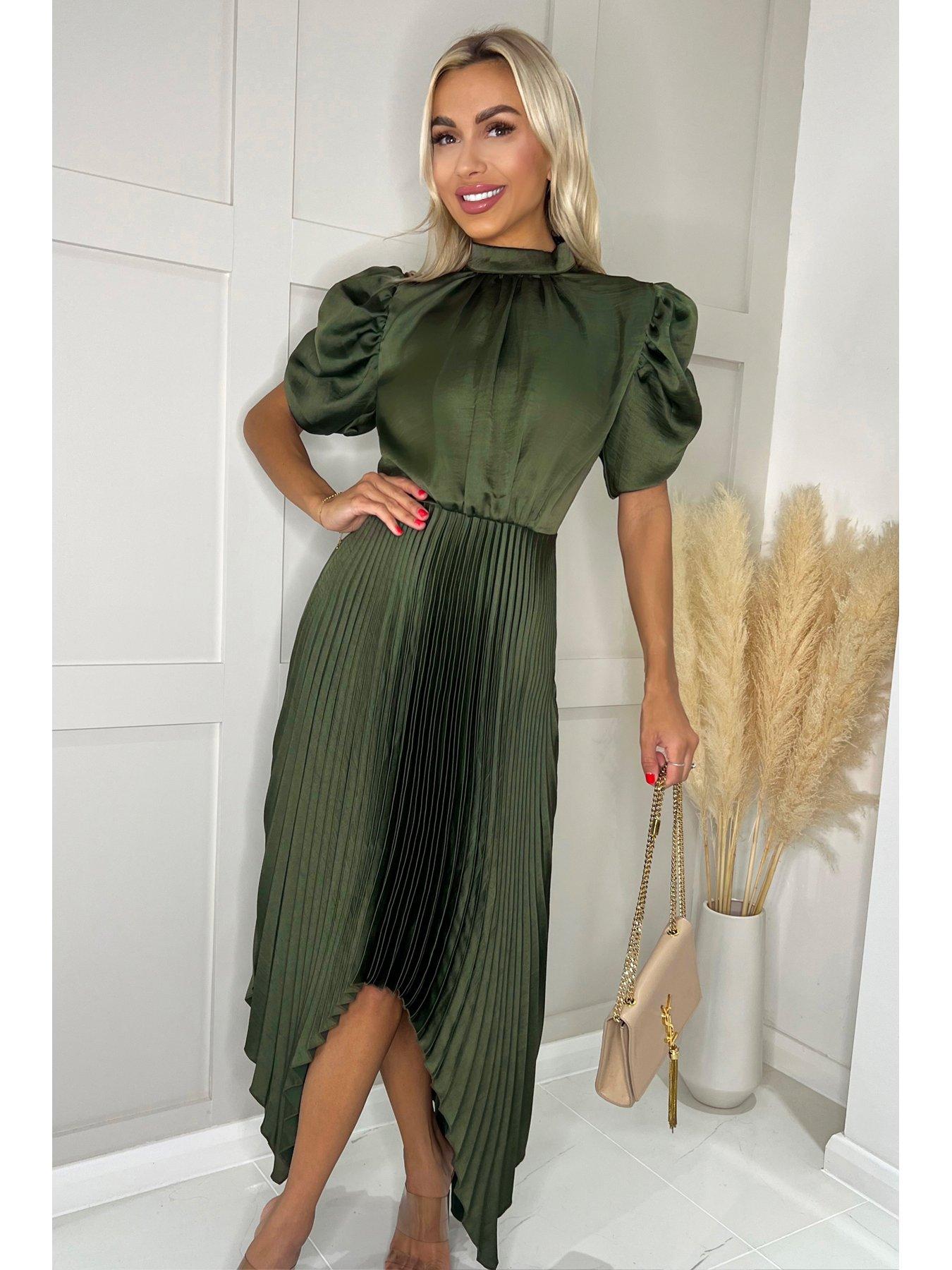 High neck outlet pleated midi dress