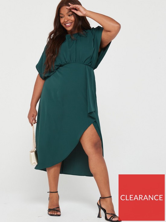 front image of ax-paris-curve-teal-batwing-gathered-top-midi-dress