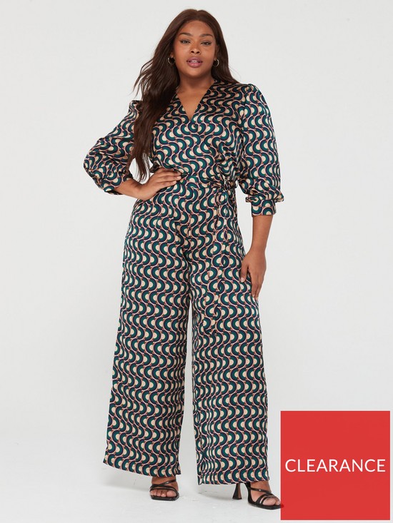 front image of ax-paris-curve-multi-print-34-length-sleeve-wrap-top-belted-jumpsuit