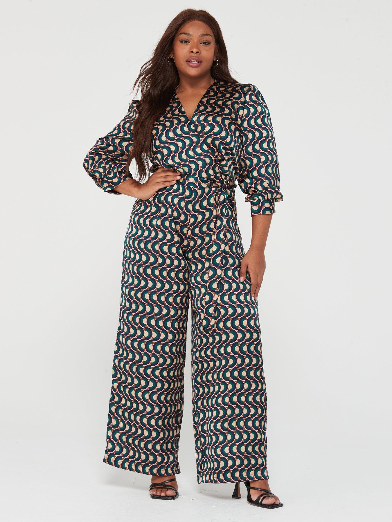 AX PARIS CURVE Multi Print 3/4 Length Sleeve Wrap Top Belted Jumpsuit ...