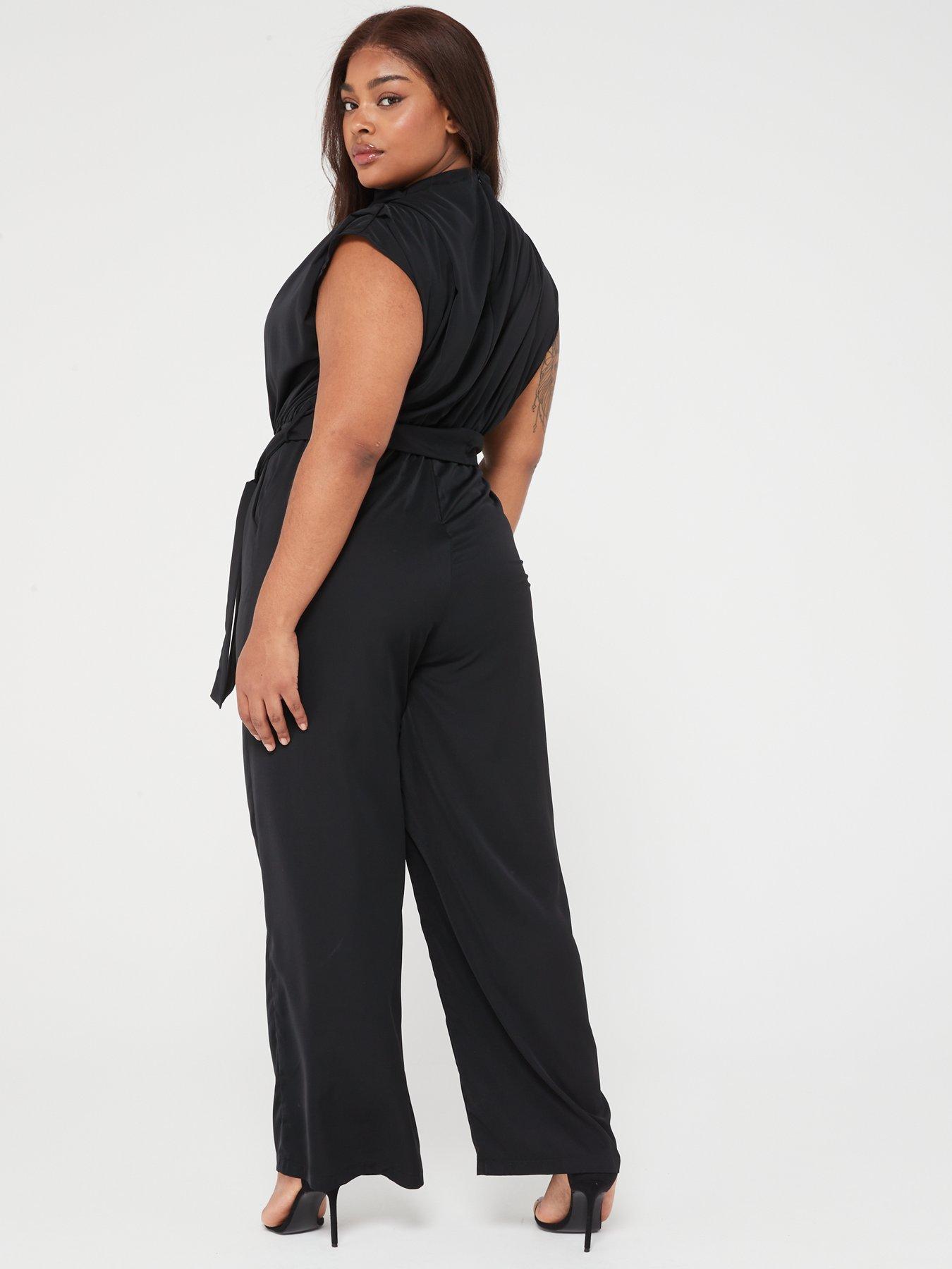 Parisian faux leather belted long sleeve jumpsuit in black