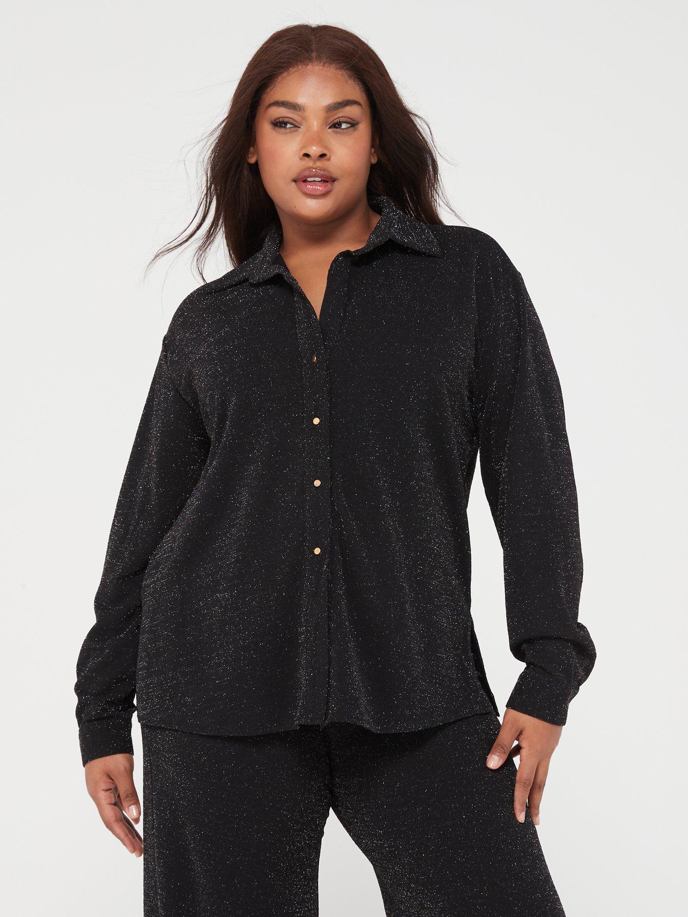 AX PARIS CURVE Black Glitter Long Sleeve Shirt - Black