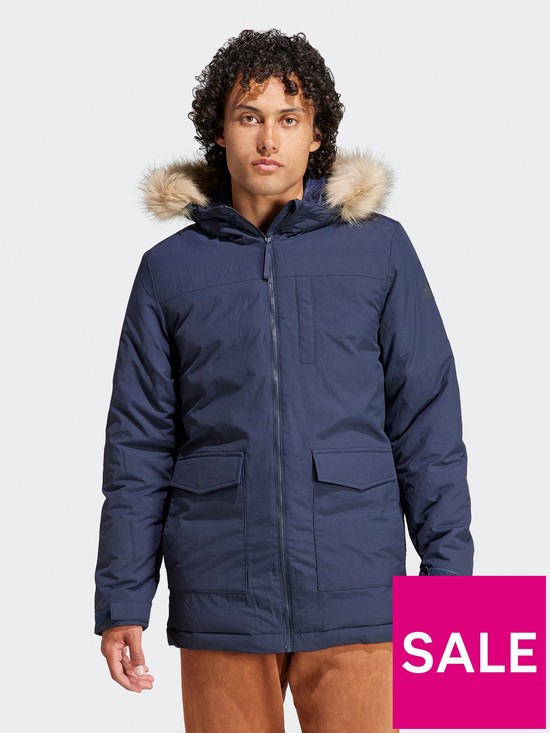 front image of adidas-hooded-fur-parka-navy